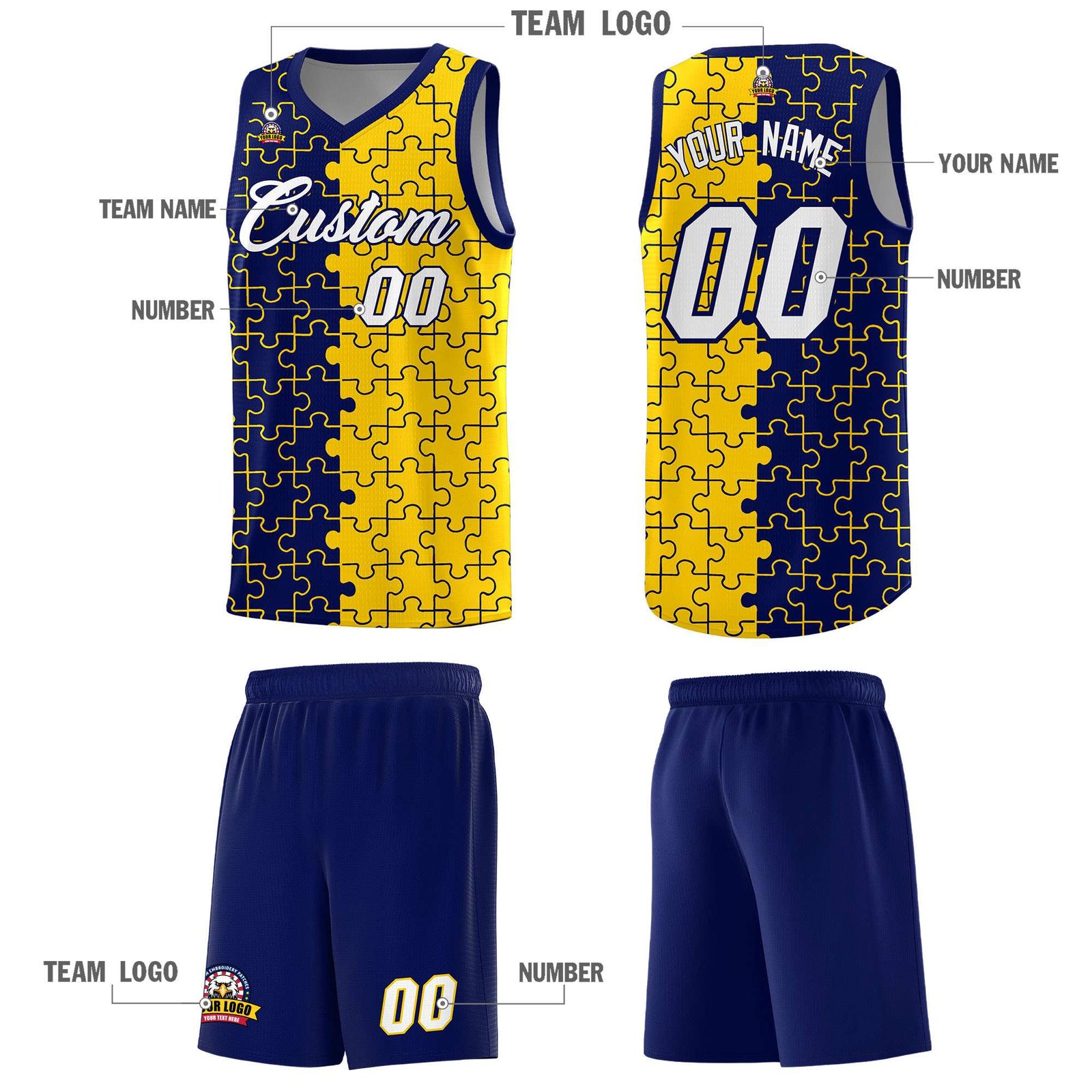 Custom Youth Basketball Jersey Navy Gold Puzzle Pattern Personalized Team Uniform