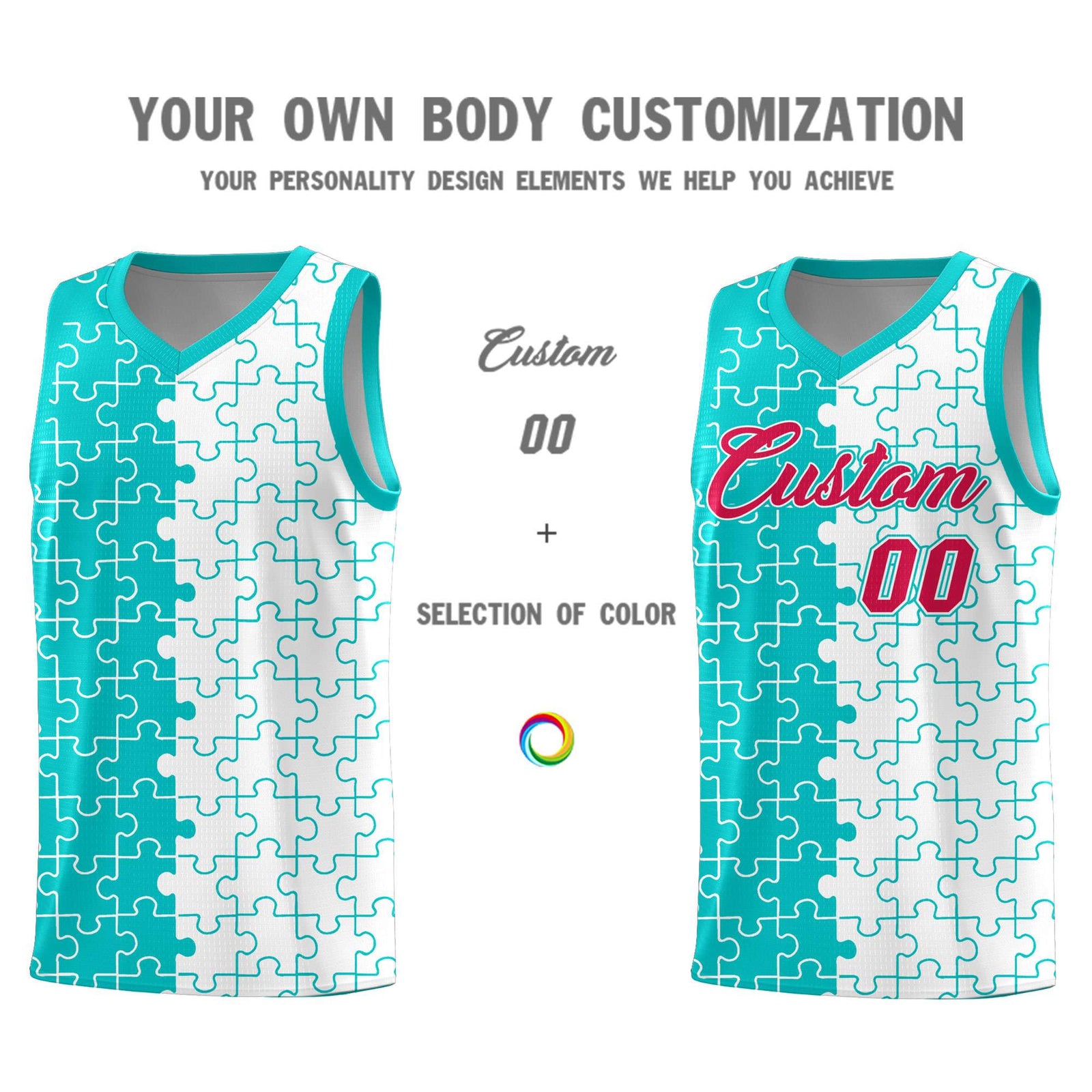 Custom Youth Basketball Jersey Aqua White Puzzle Pattern Personalized Team Uniform