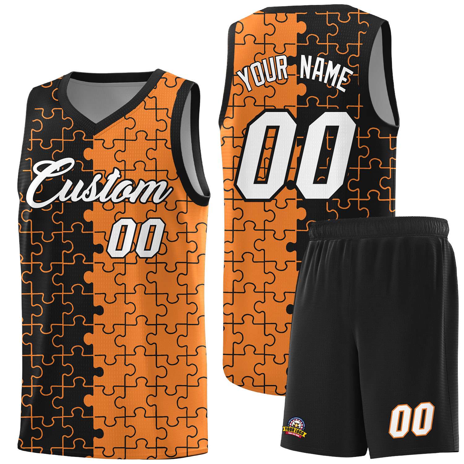 Custom Youth Basketball Jersey Black Gold Orange Puzzle Pattern Add Name, Number & Team Logo