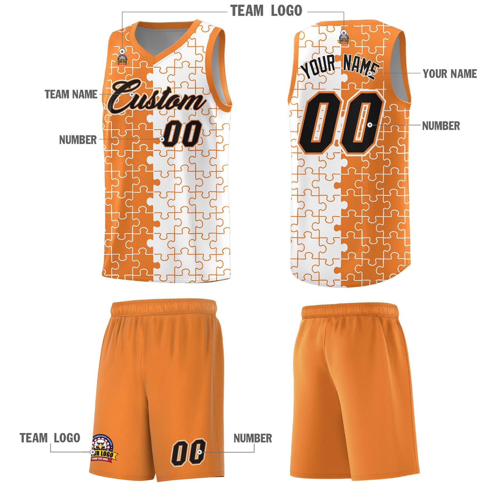 Custom Youth Basketball Jersey Gold Orange White Puzzle Pattern Breathable Team Uniform