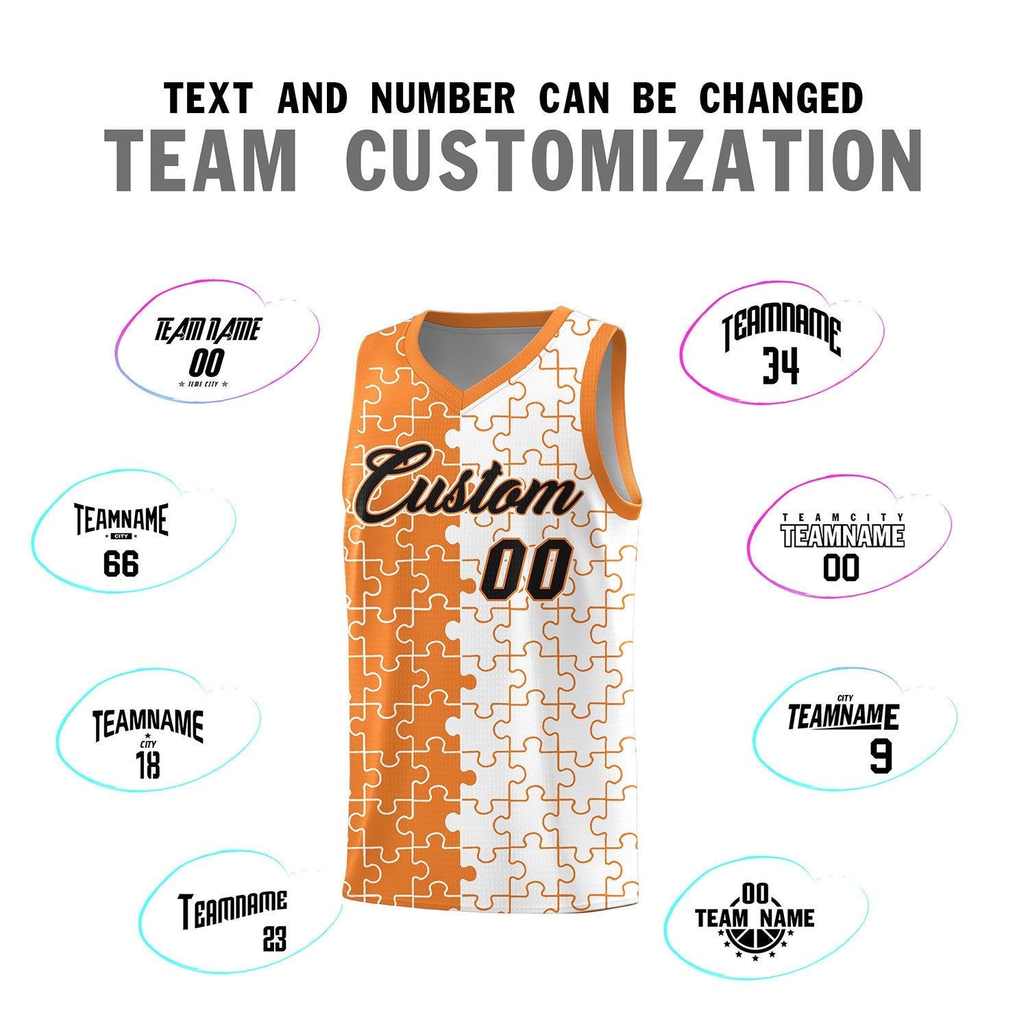 Custom Youth Basketball Jersey Gold Orange White Puzzle Pattern Breathable Team Uniform