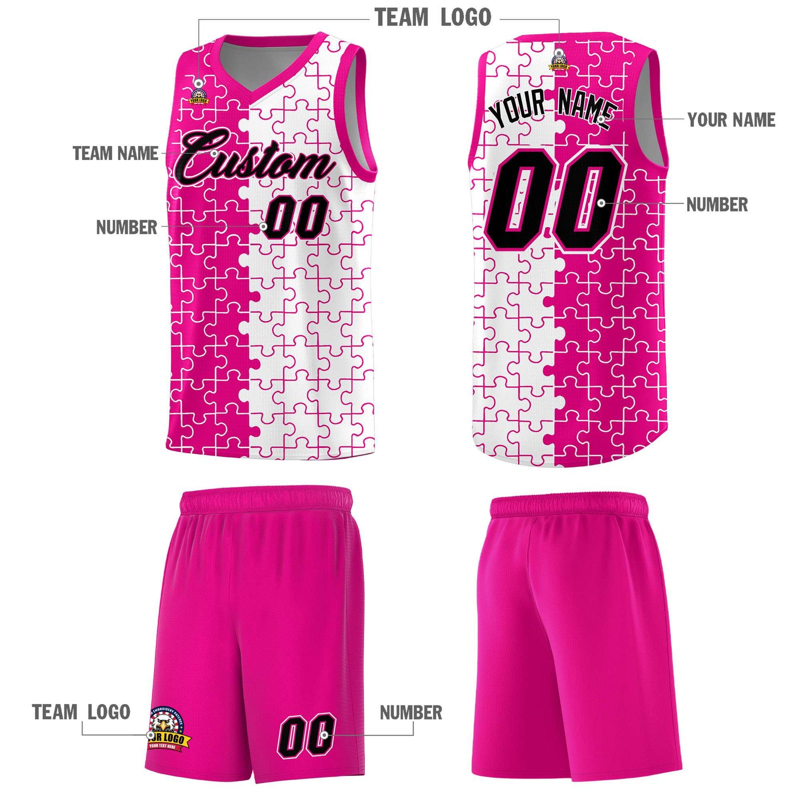 Custom Youth Basketball Jersey Pink White Puzzle Pattern Personalized Team Uniform