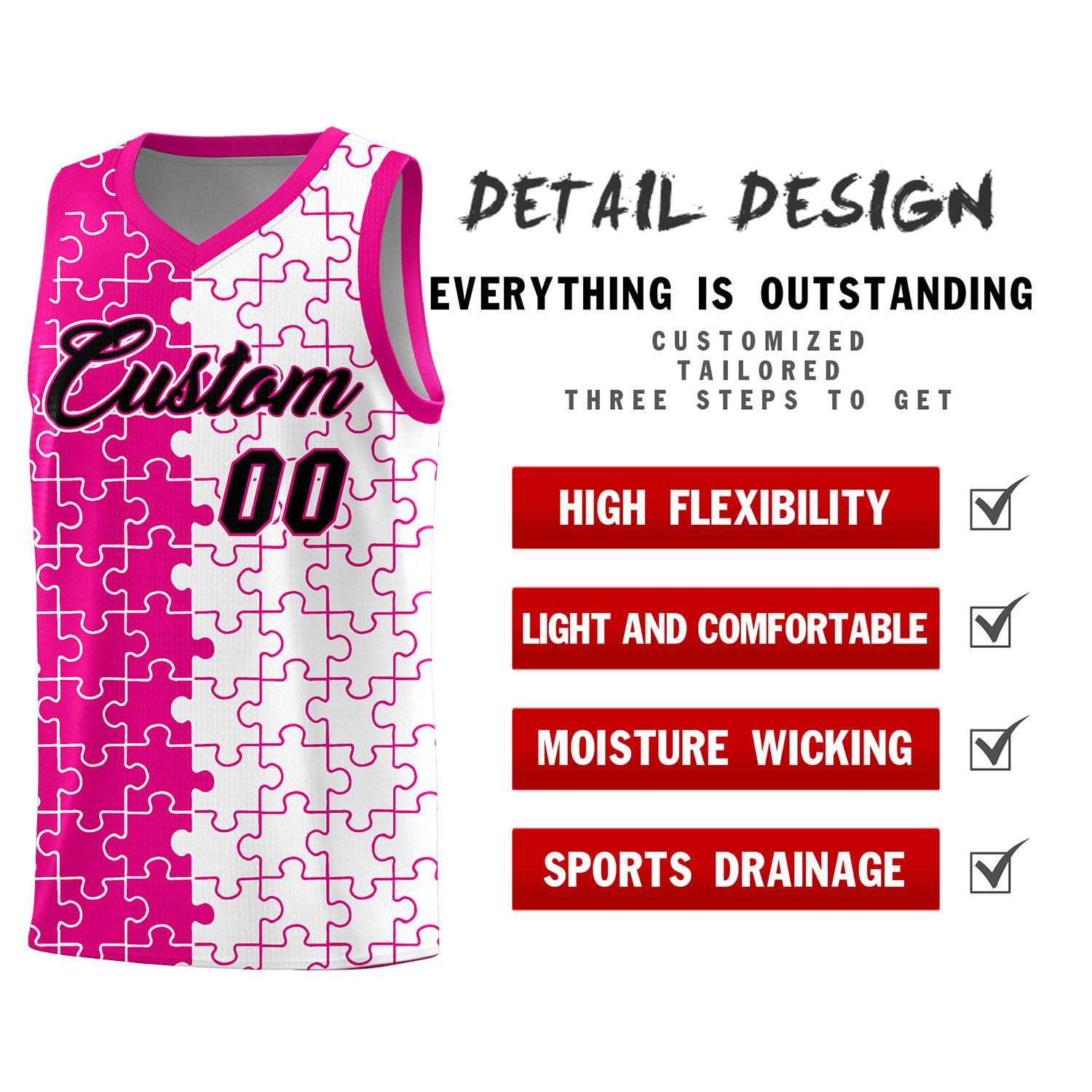 Custom Youth Basketball Jersey Pink White Puzzle Pattern Personalized Team Uniform
