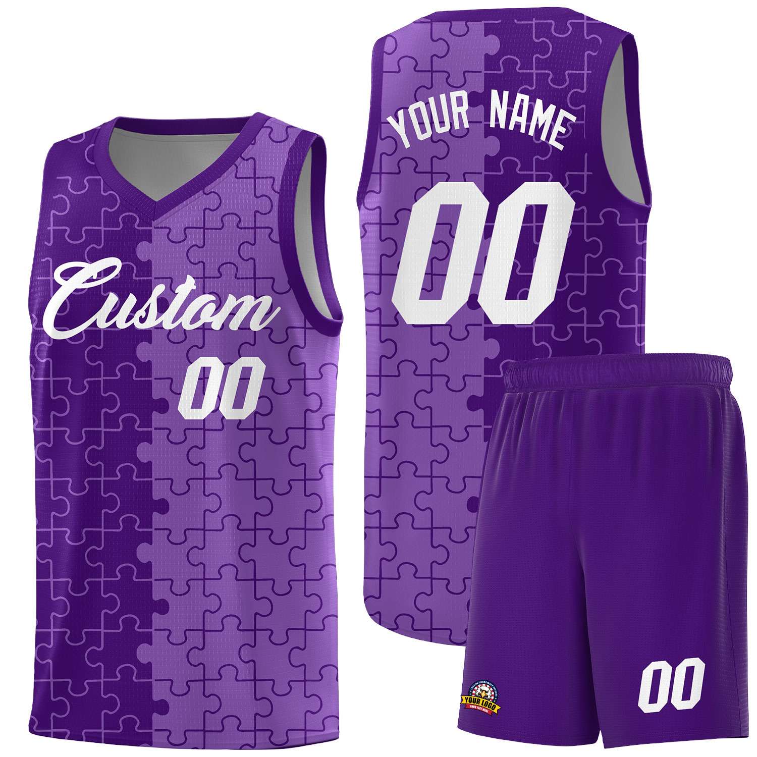 Custom Youth Basketball Jersey Purple Light Purple Puzzle Pattern Add Name, Number & Team Logo