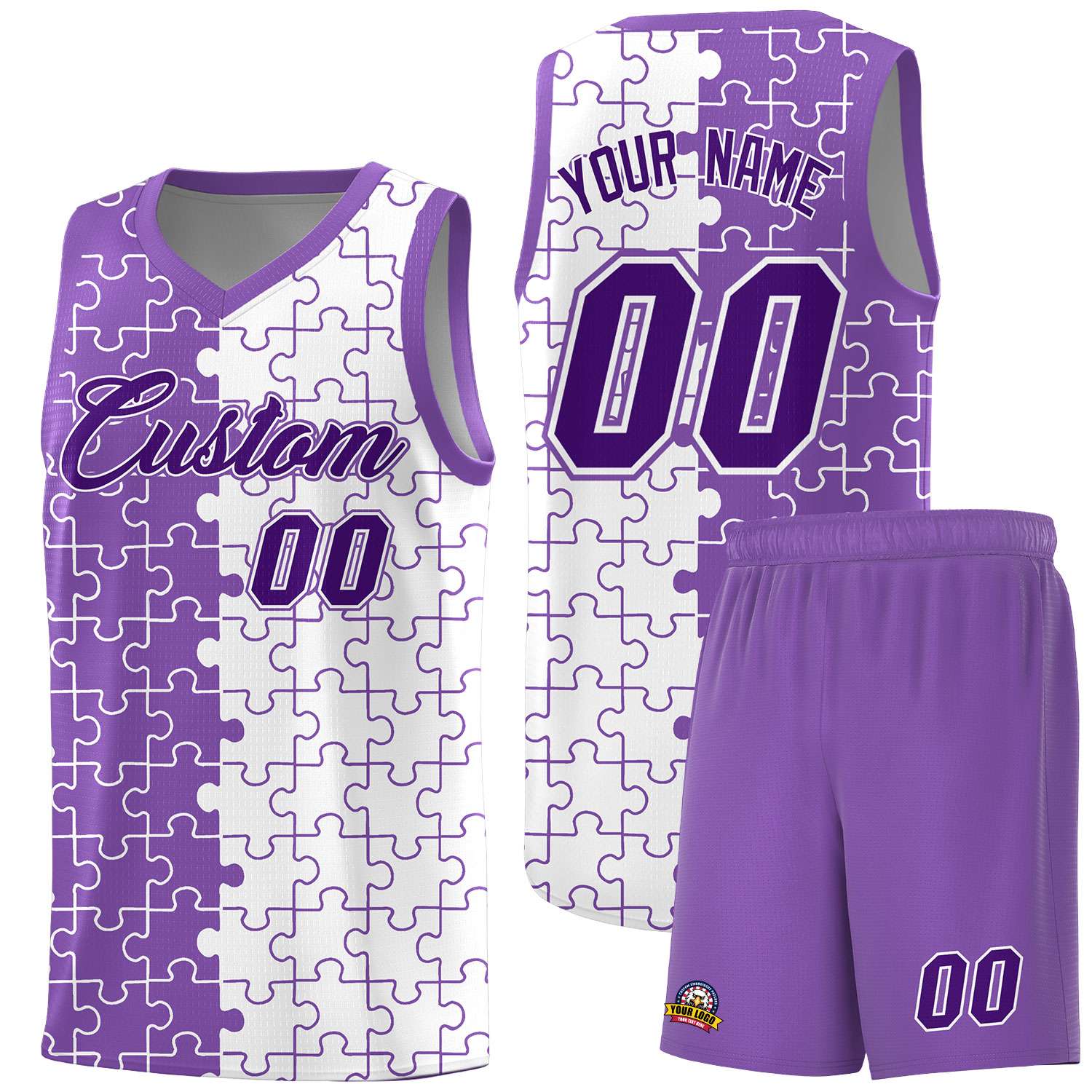 Custom Youth Basketball Jersey Light Purple White Puzzle Pattern Breathable Team Uniform