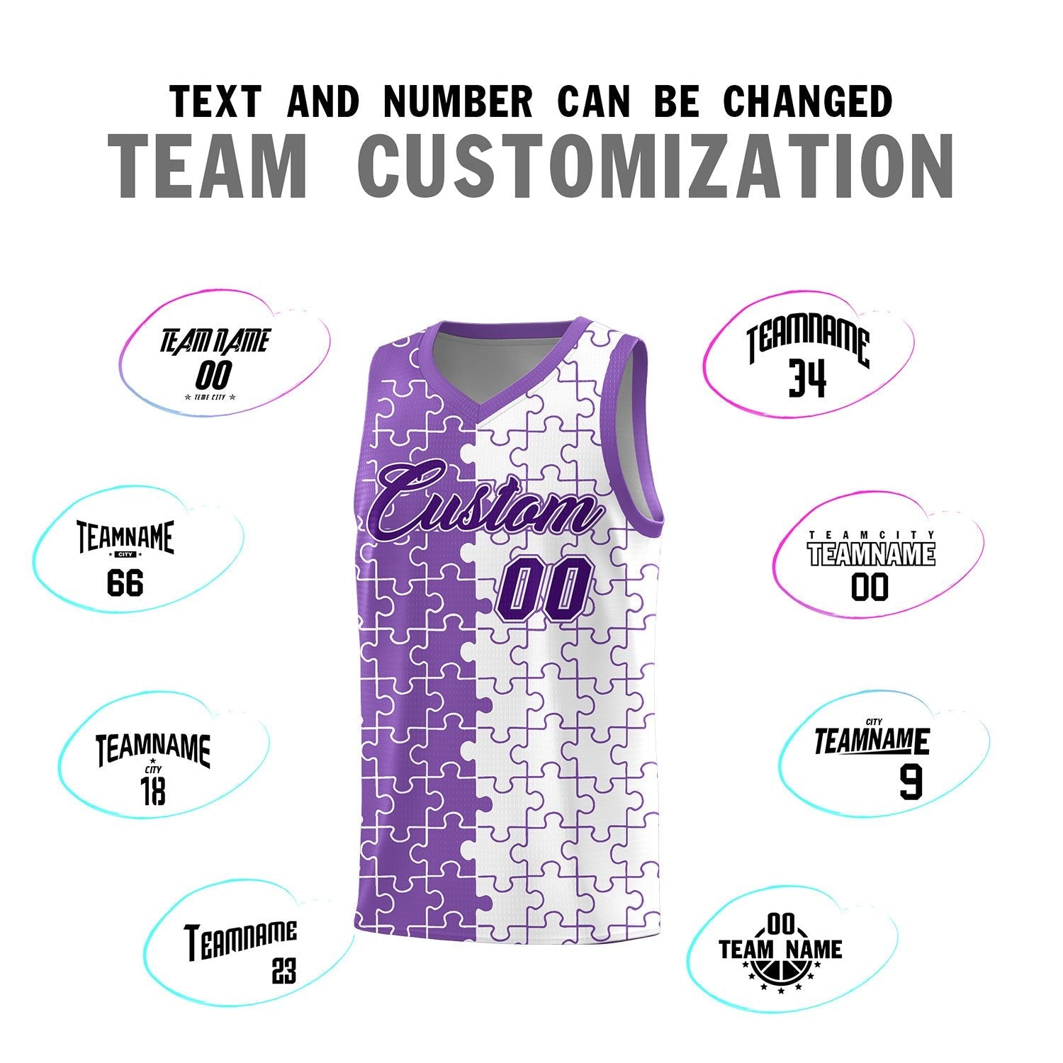 Custom Youth Basketball Jersey Light Purple White Puzzle Pattern Breathable Team Uniform