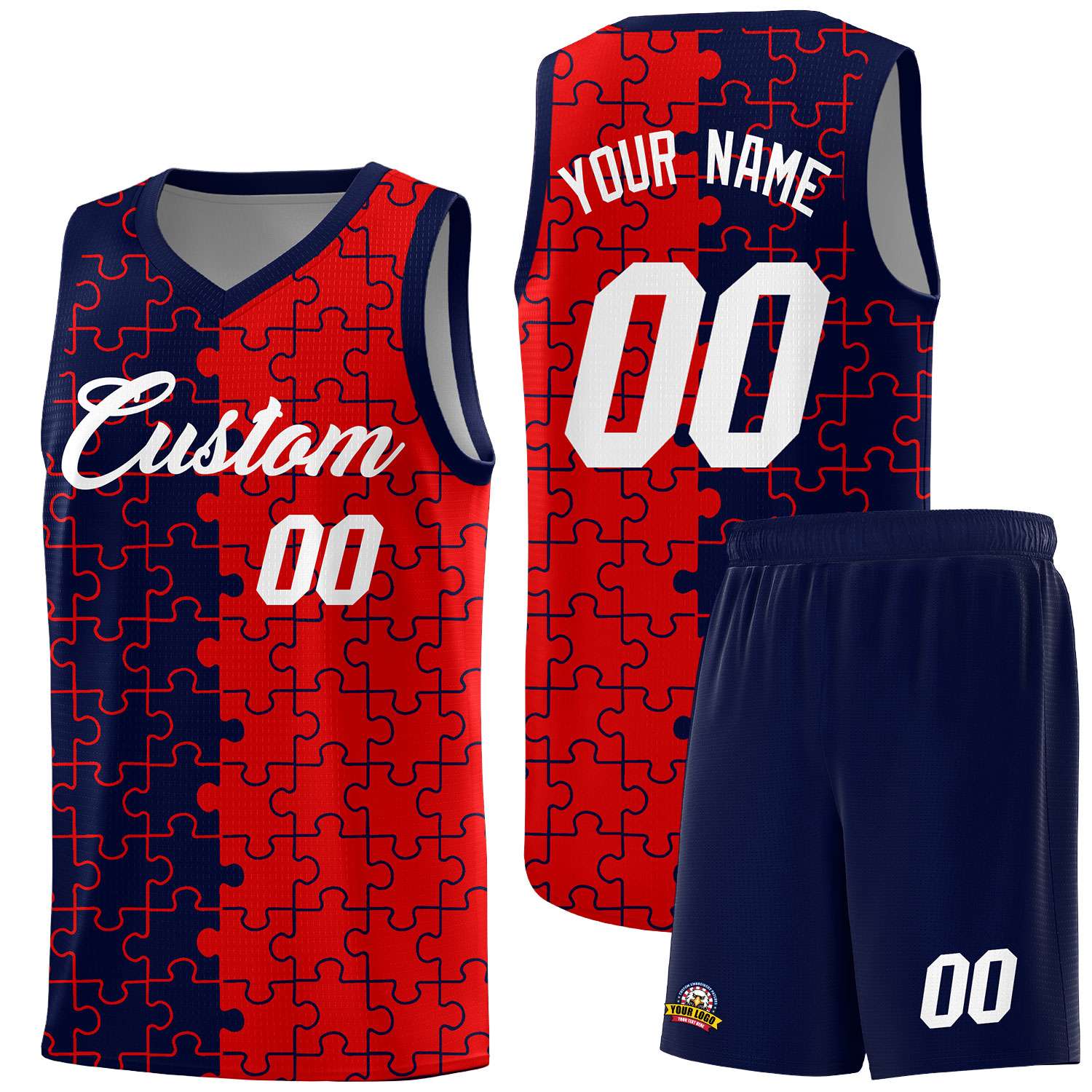 Custom Youth Basketball Jersey Navy Red Puzzle Pattern Personalized Team Uniform