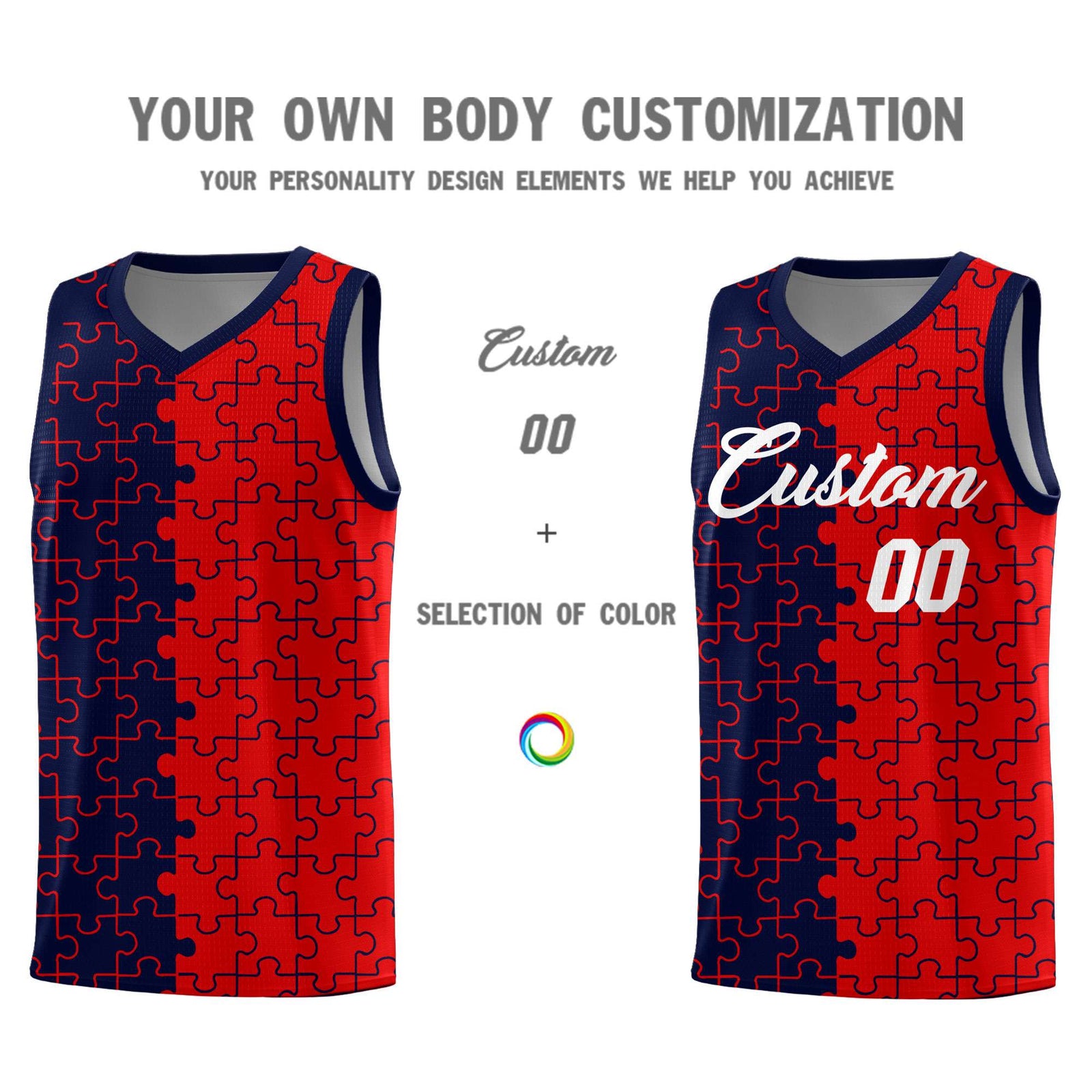 Custom Youth Basketball Jersey Navy Red Puzzle Pattern Personalized Team Uniform