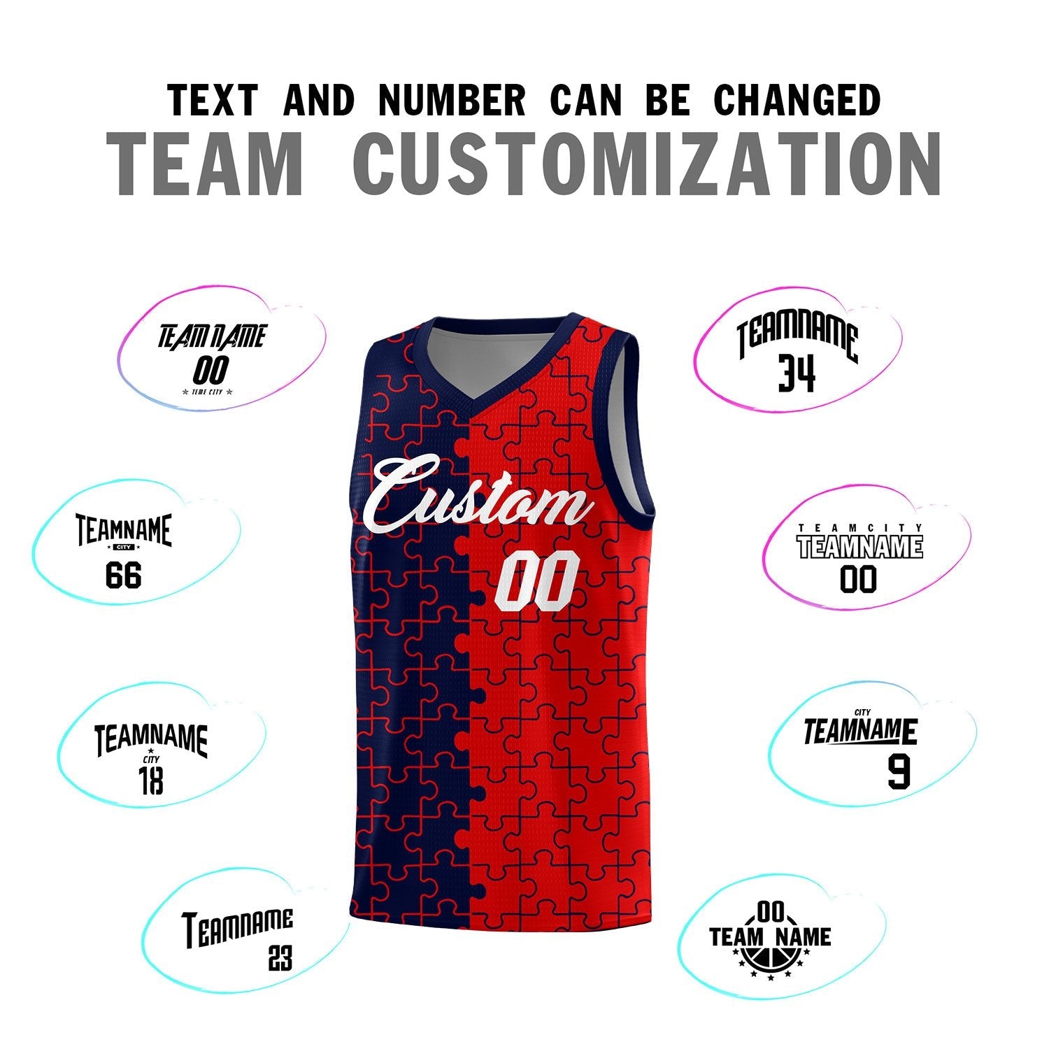 Custom Youth Basketball Jersey Navy Red Puzzle Pattern Personalized Team Uniform