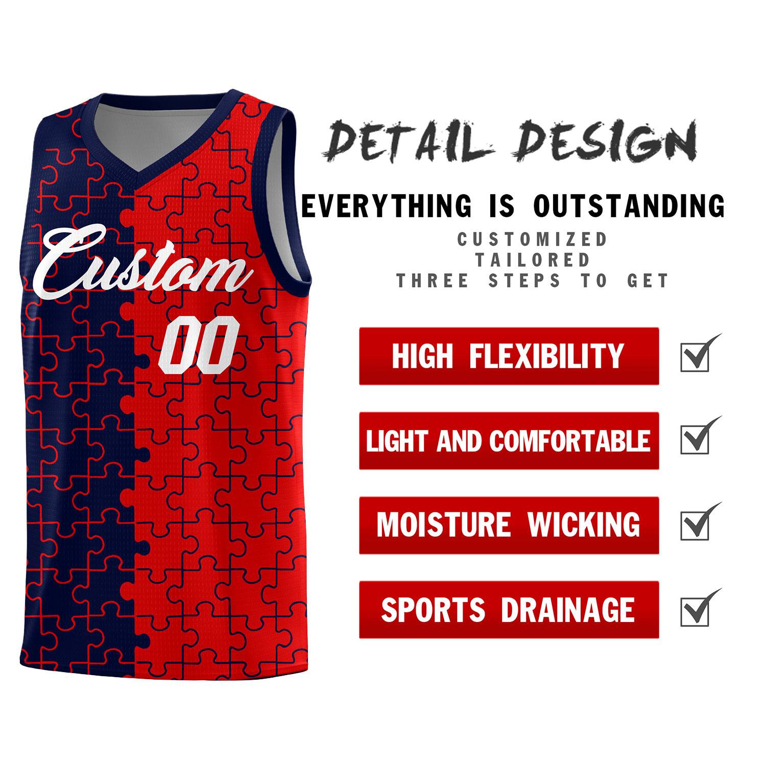 Custom Youth Basketball Jersey Navy Red Puzzle Pattern Personalized Team Uniform