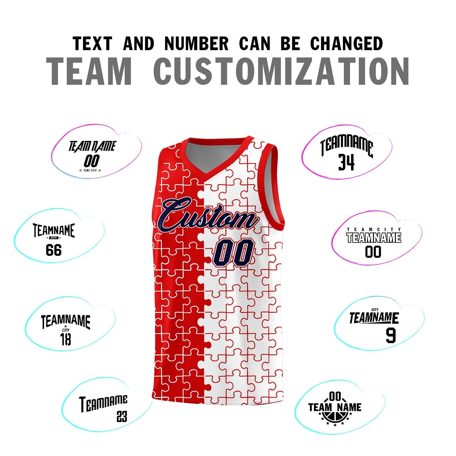 Custom Youth Basketball Jersey Red White Puzzle Pattern Add Name, Number & Team Logo