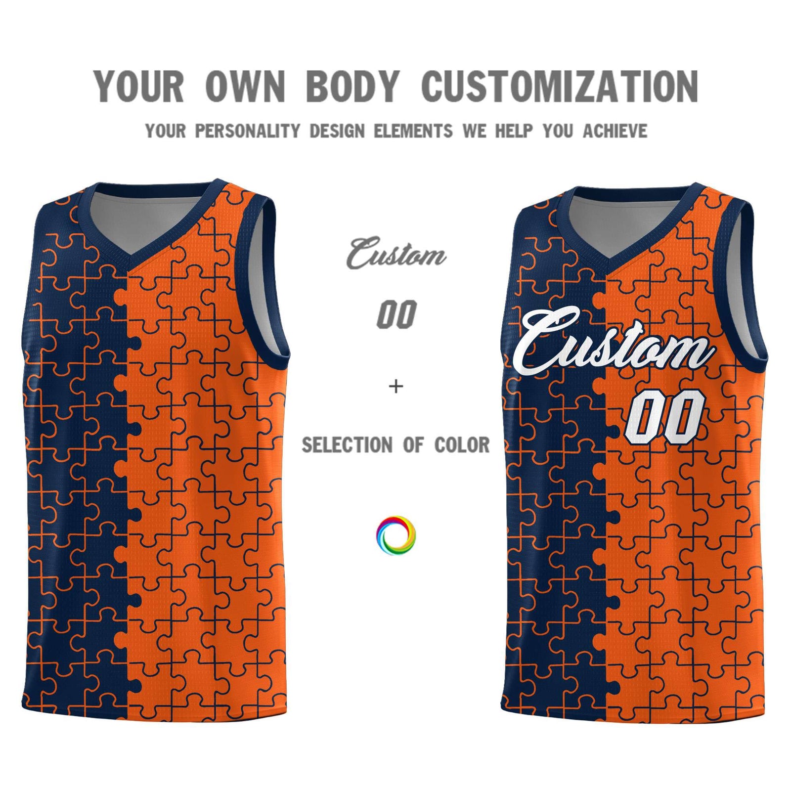 Custom Youth Basketball Jersey Navy Orange Puzzle Pattern Breathable Team Uniform