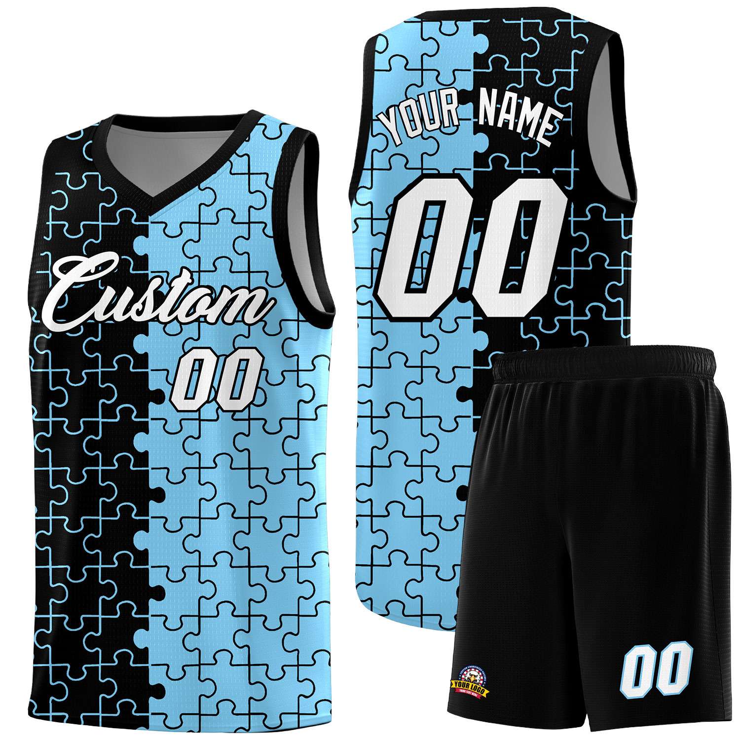 Custom Youth Basketball Jersey Black Light Blue Puzzle Pattern Add Name, Number & Team Logo