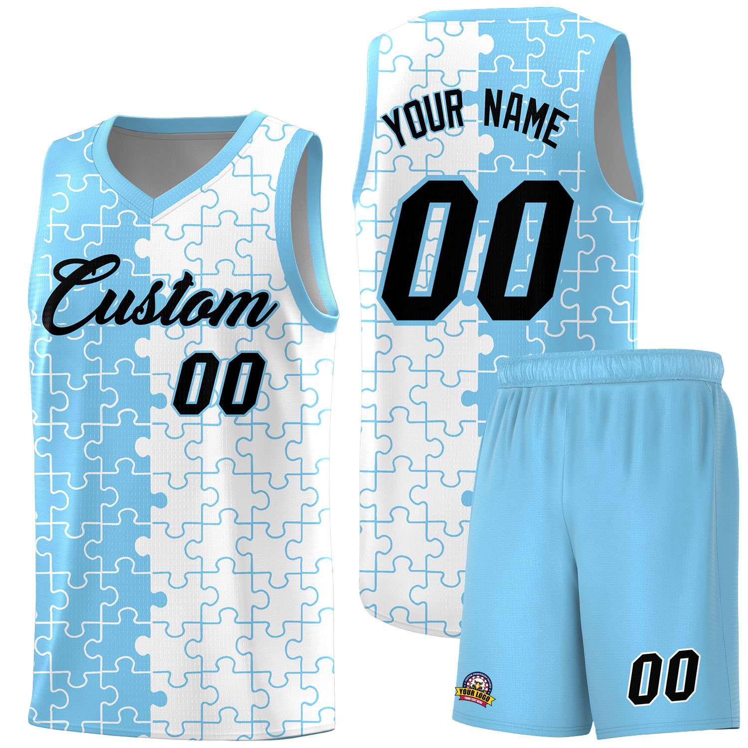 Custom Youth Basketball Jersey Light Blue White Puzzle Pattern Breathable Team Uniform