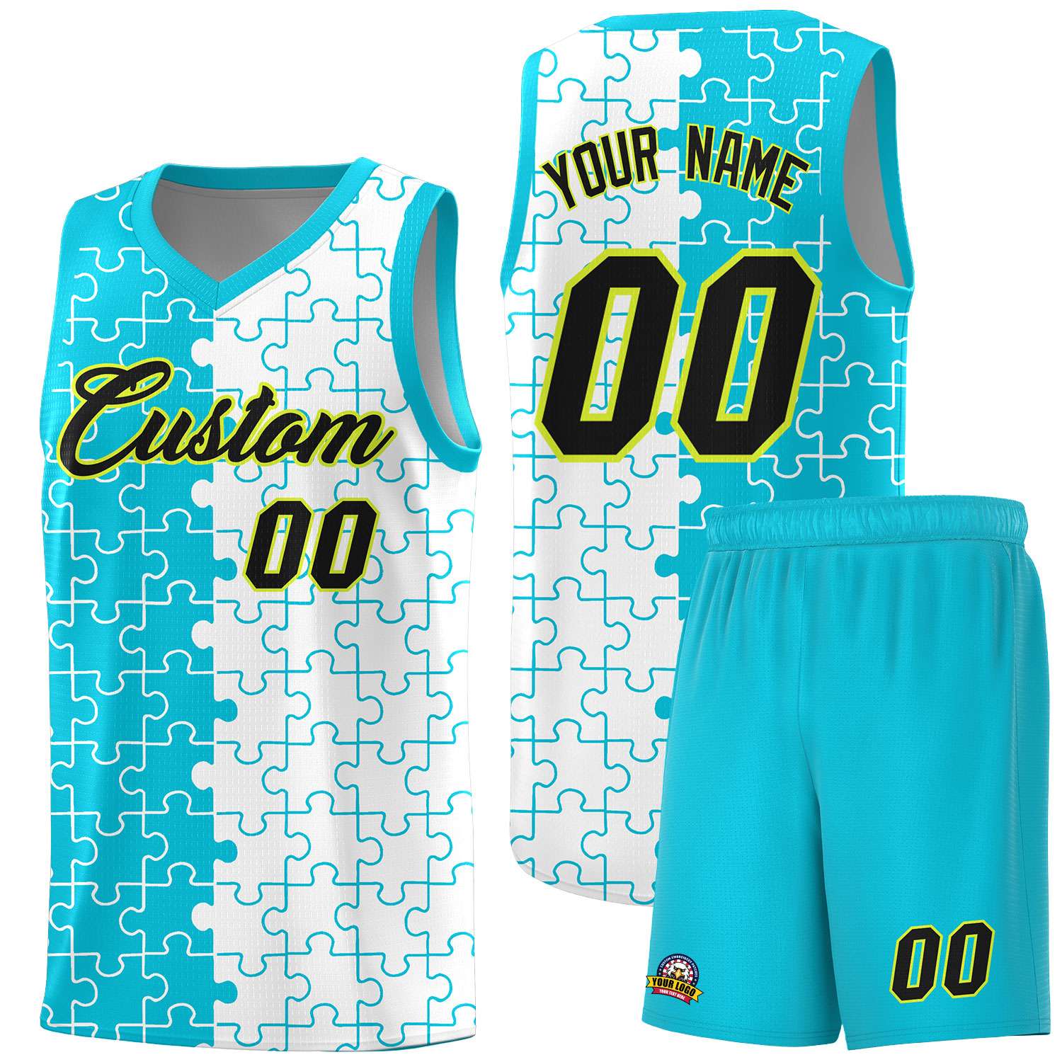 Custom Youth Basketball Jersey Sky Blue White Puzzle Pattern Breathable Team Uniform