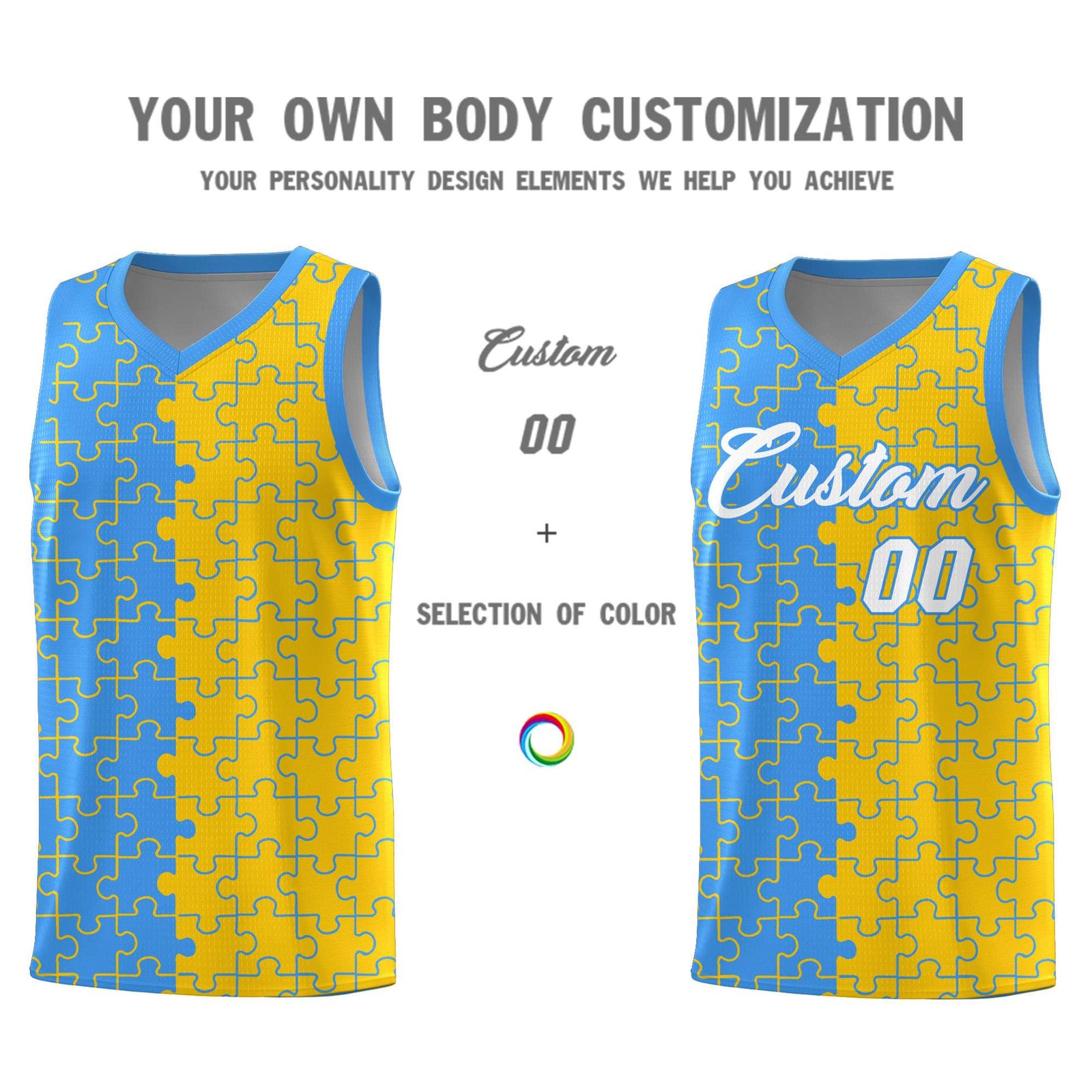Custom Youth Basketball Jersey Light Blue Gold Puzzle Pattern Moisture-Wicking Team Uniform