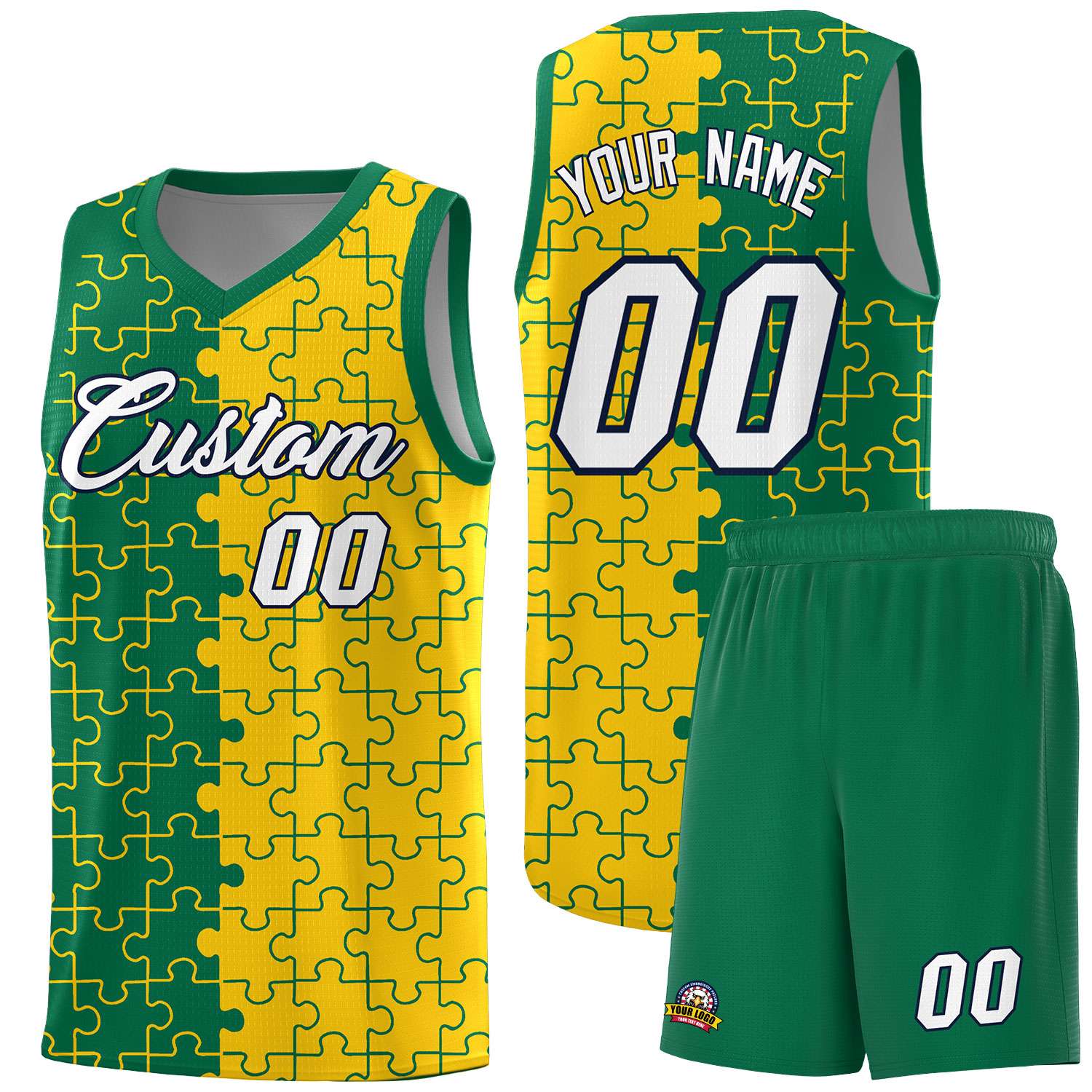 Custom Youth Basketball Jersey Kelly Green Gold Puzzle Pattern Personalized Team Uniform