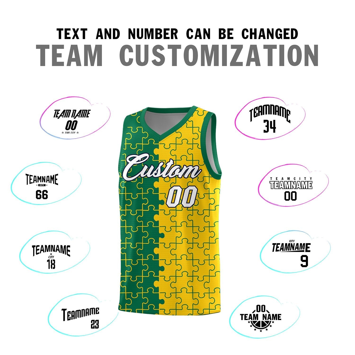 Custom Youth Basketball Jersey Kelly Green Gold Puzzle Pattern Personalized Team Uniform