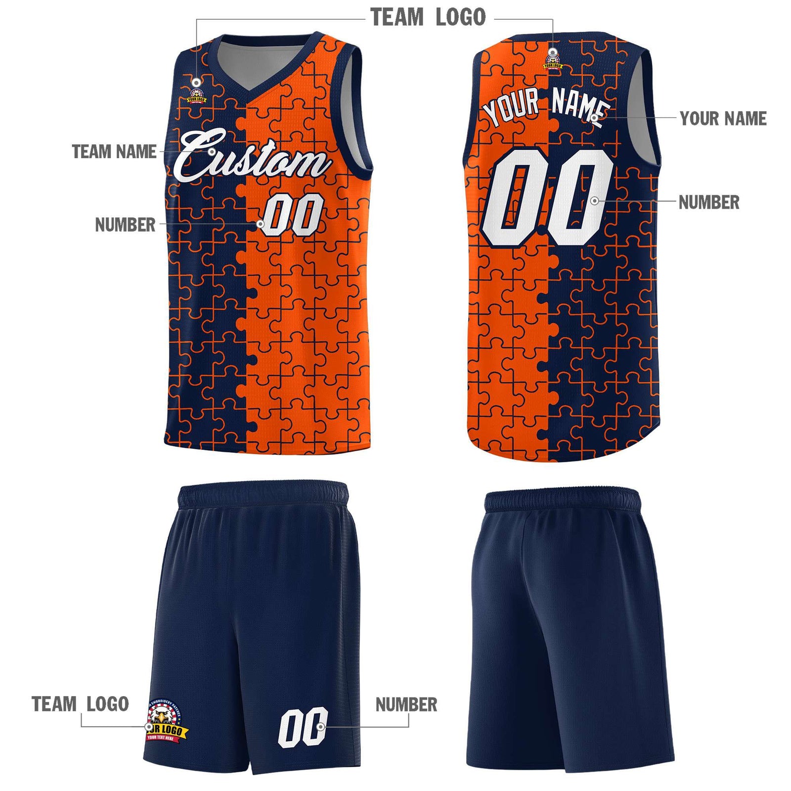 Custom Youth Basketball Jersey Navy Orange Puzzle Pattern Add Name, Number & Team Logo