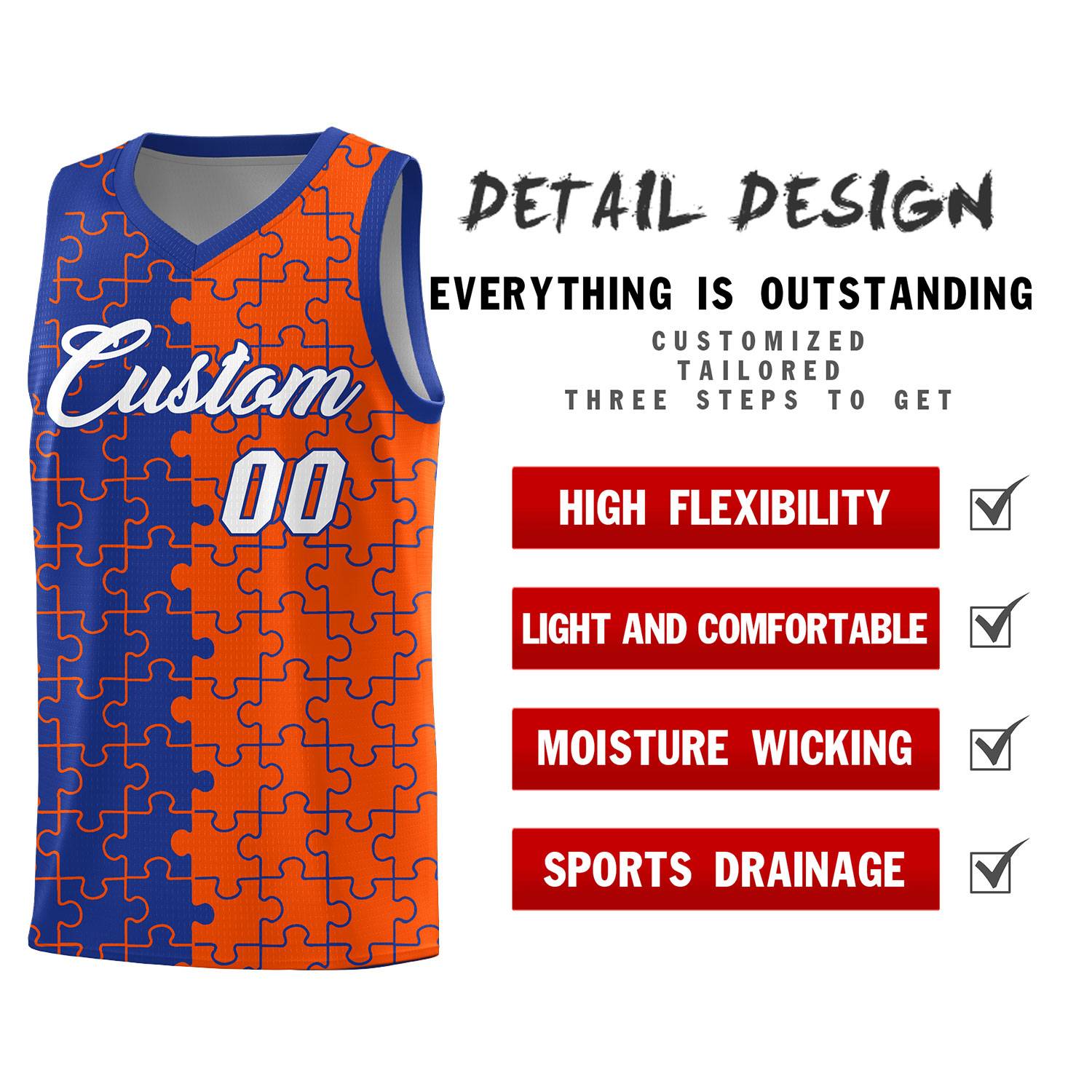 Custom Youth Basketball Jersey Royal Blue Orange Puzzle Pattern Breathable Team Uniform