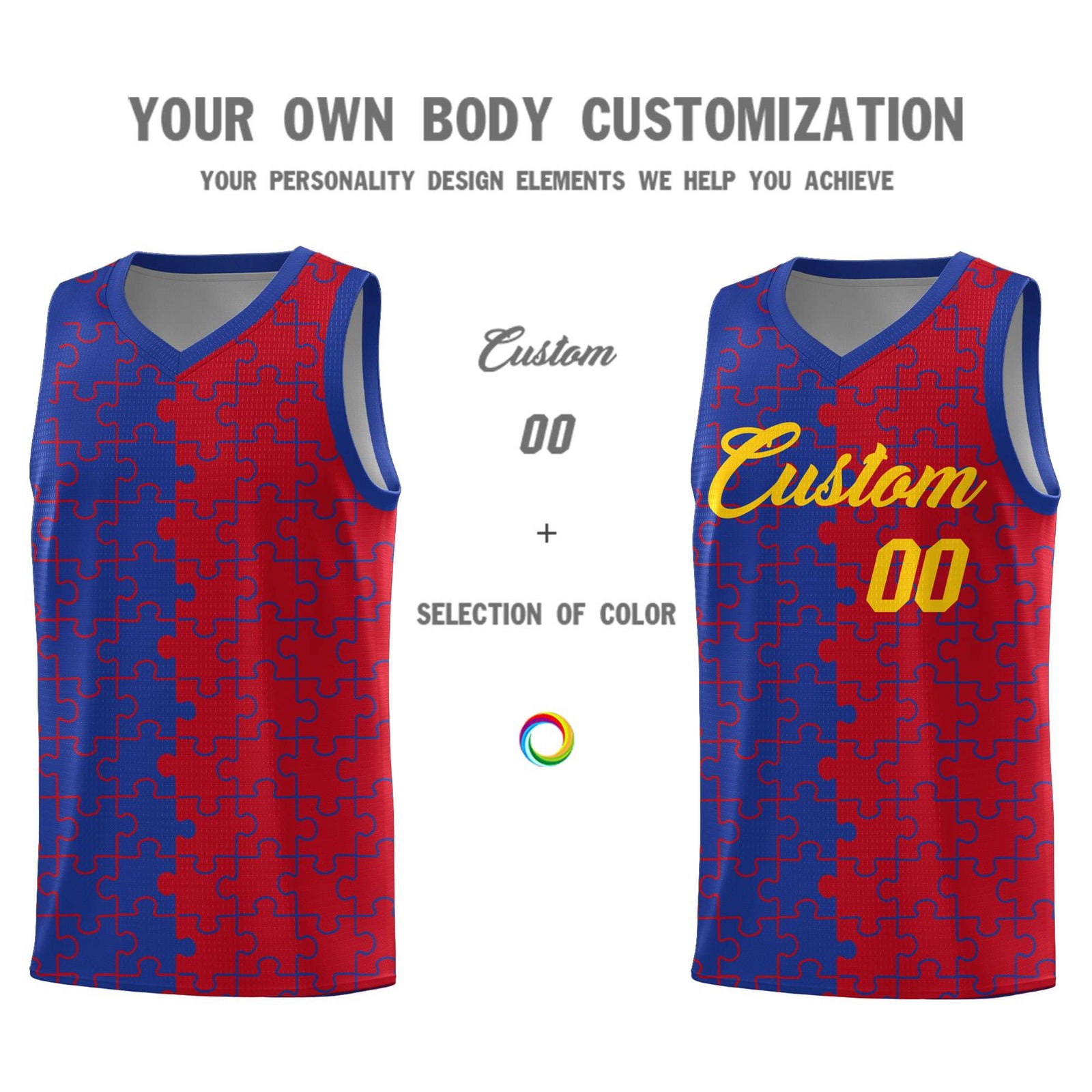 Custom Youth Basketball Jersey Royal Blue Red Puzzle Pattern Personalized Team Uniform