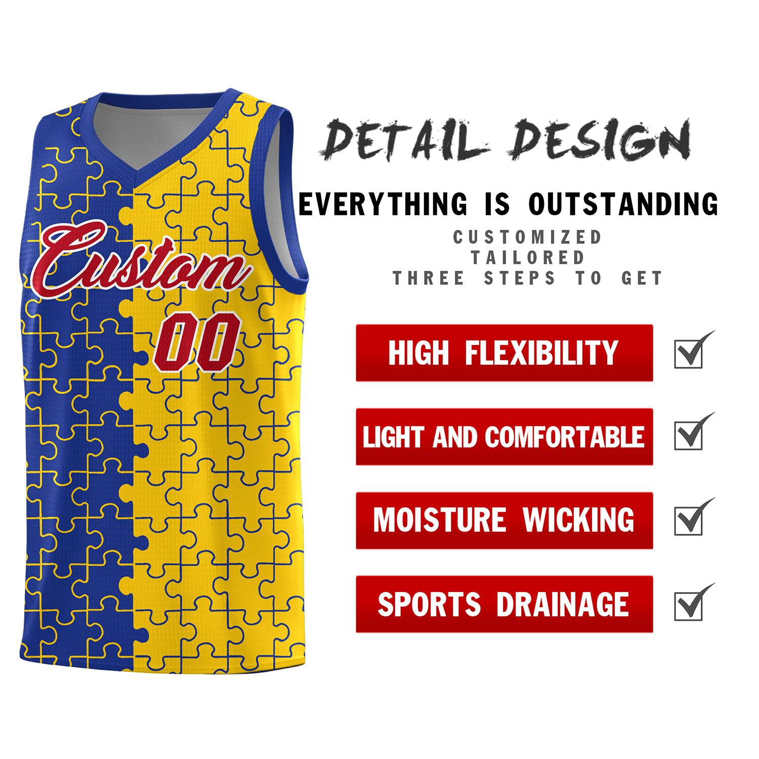 Custom Youth Basketball Jersey Royal Blue Gold Puzzle Pattern Add Name, Number & Team Logo