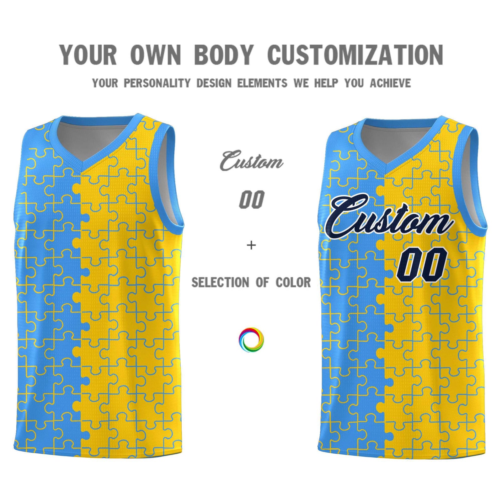 Custom Youth Basketball Jersey Light Blue Gold Puzzle Pattern Add Name, Number & Team Logo