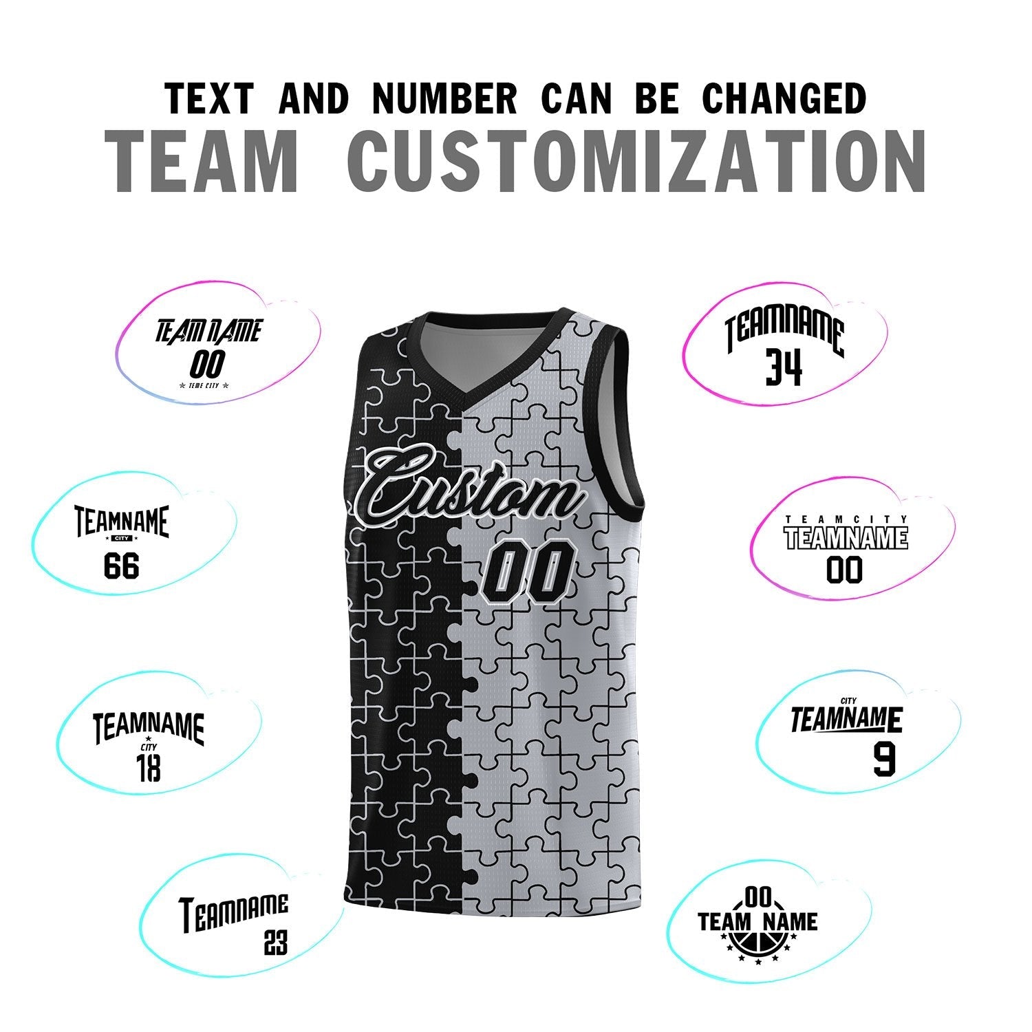 Custom Youth Basketball Jersey Black Gray Puzzle Pattern Moisture-Wicking Team Uniform
