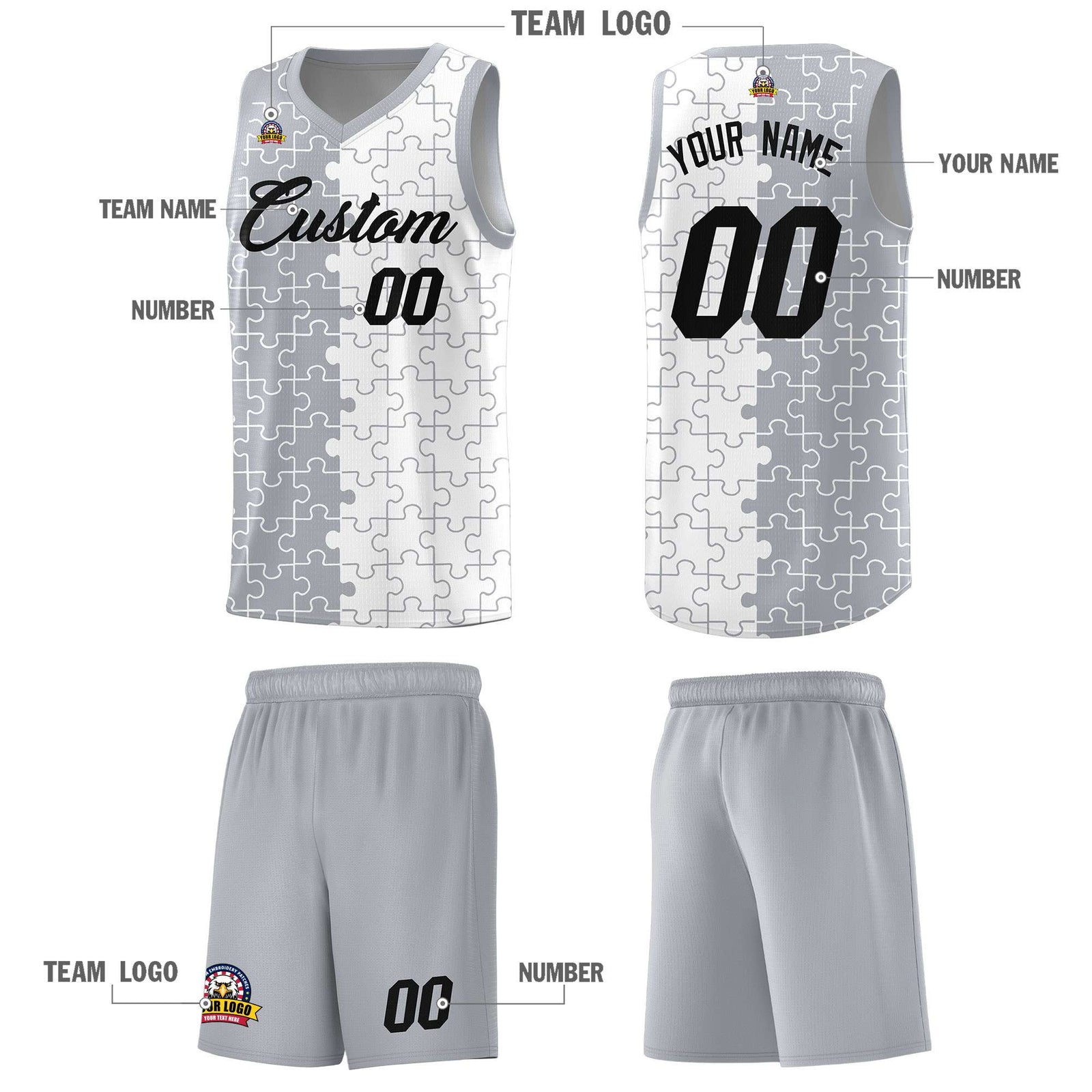 Custom Youth Basketball Jersey Gray White Puzzle Pattern Personalized Team Uniform