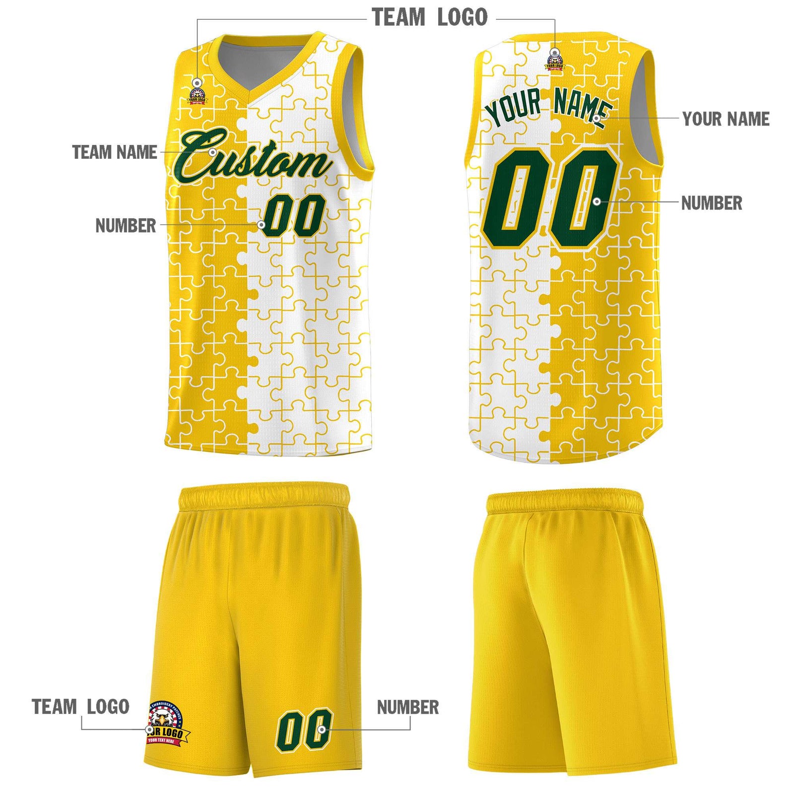 Custom Youth Basketball Jersey Gold White Puzzle Pattern Add Name, Number & Team Logo