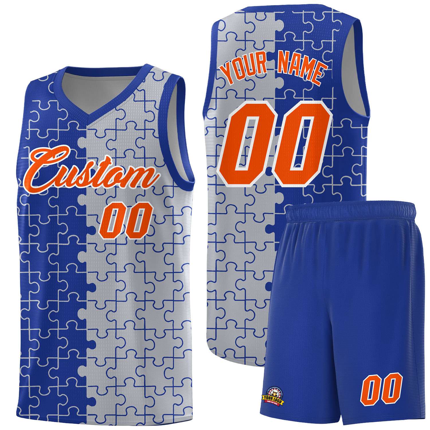 Custom Youth Basketball Jersey Royal Blue Gray Puzzle Pattern Moisture-Wicking Team Uniform
