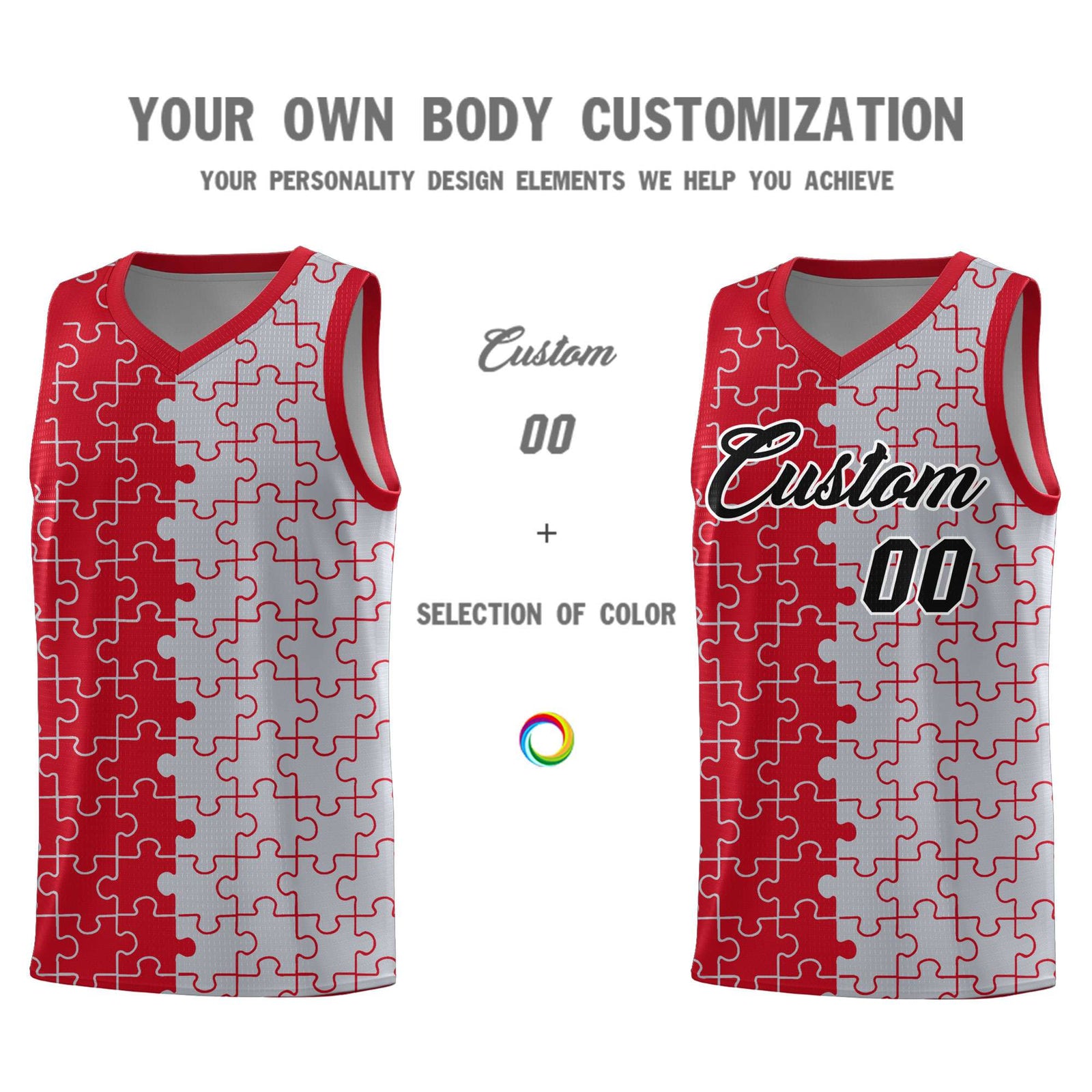 Custom Youth Basketball Jersey Red Gray Puzzle Pattern Add Name, Number & Team Logo