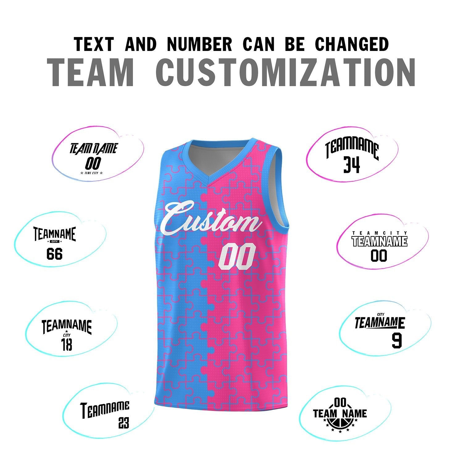 Custom Youth Basketball Jersey Light Blue Pink Puzzle Pattern Moisture-Wicking Team Uniform