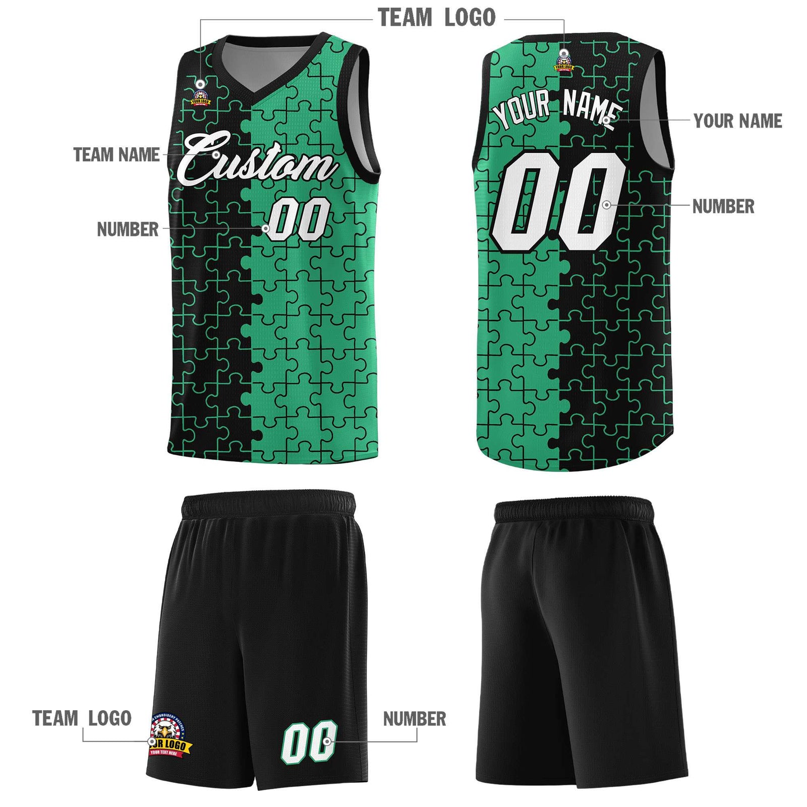 Custom Youth Basketball Jersey Black Green Puzzle Pattern Personalized Team Uniform