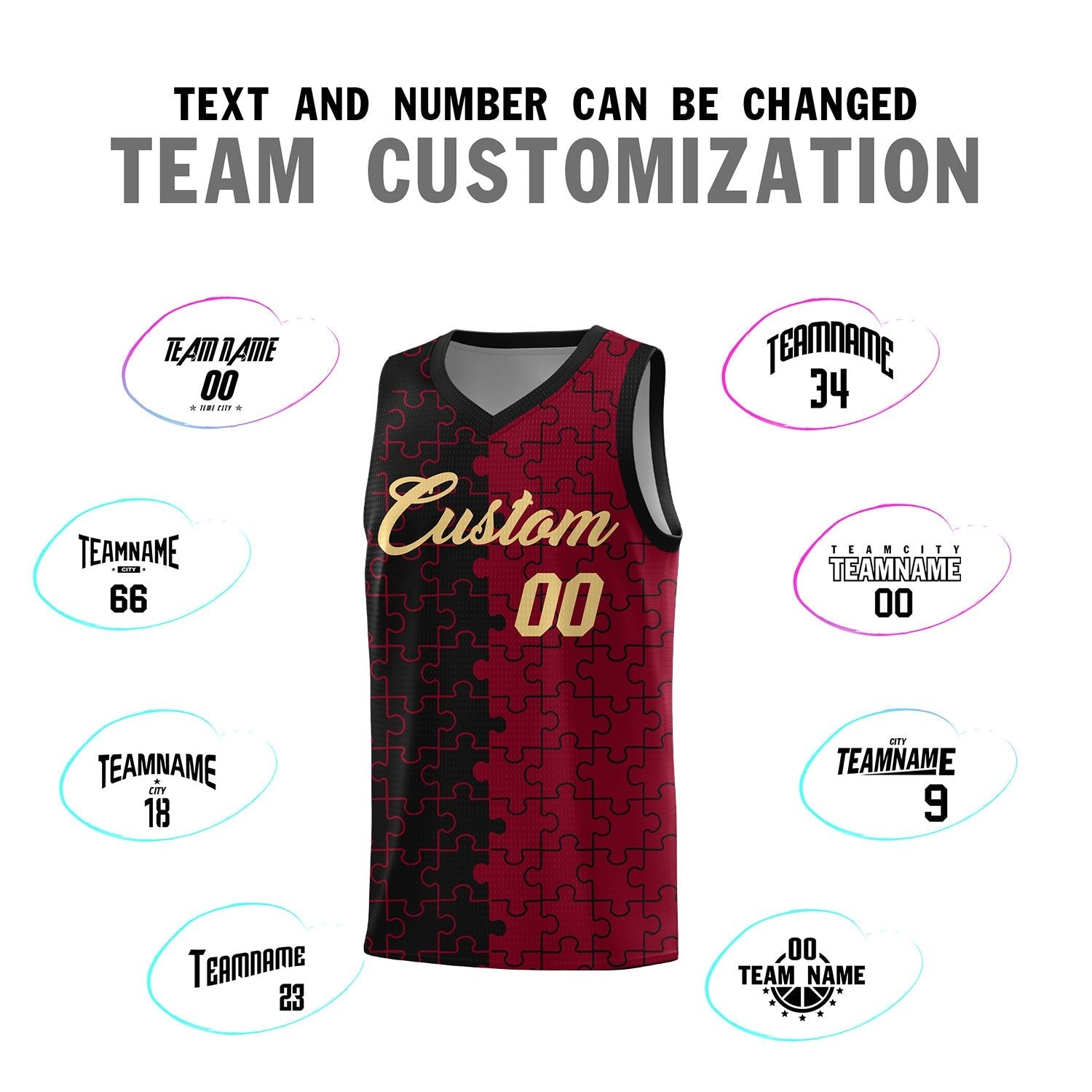 Custom Youth Basketball Jersey Black Crimson Puzzle Pattern Breathable Team Uniform
