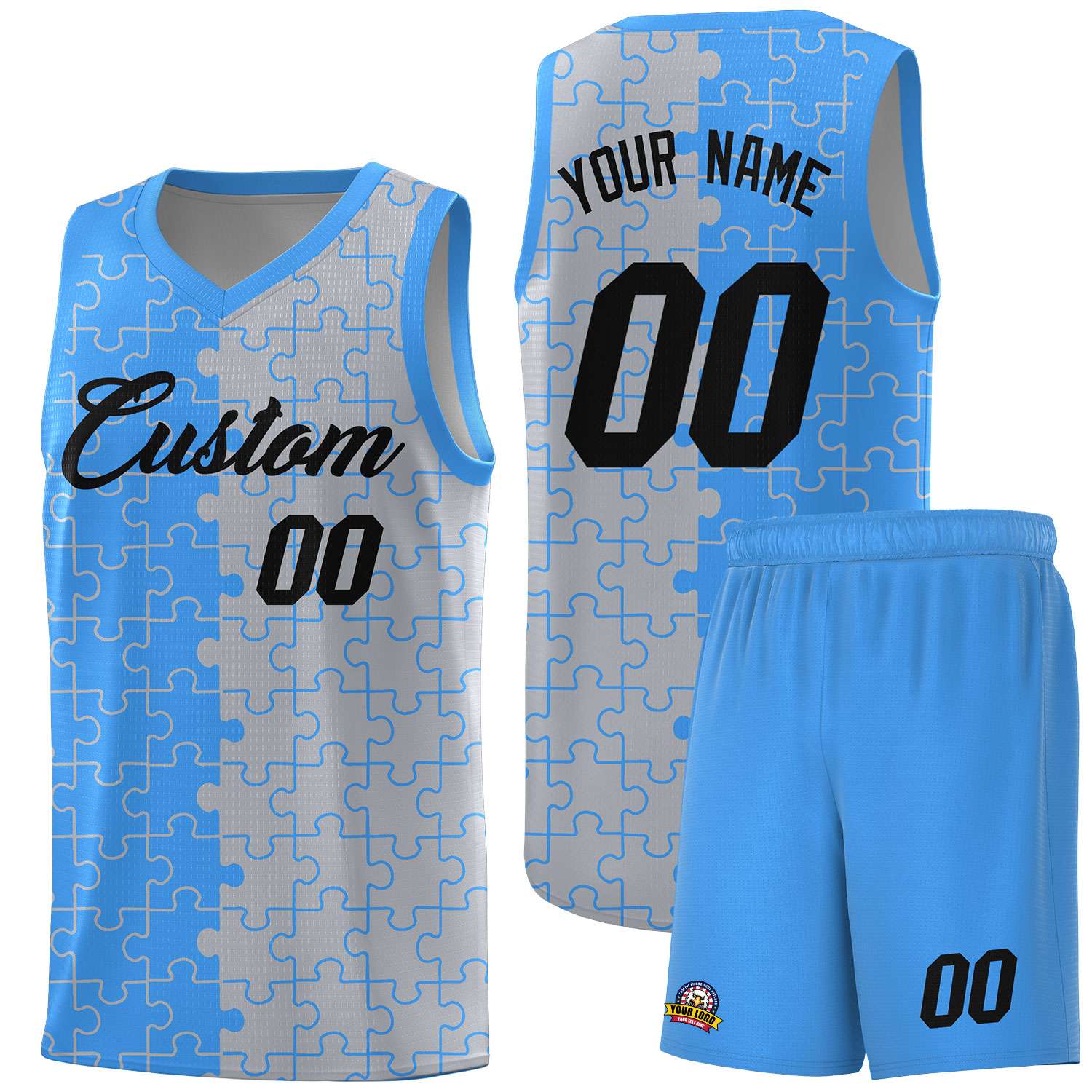 Custom Youth Basketball Jersey Light Blue Gray Puzzle Pattern Add Name, Number & Team Logo