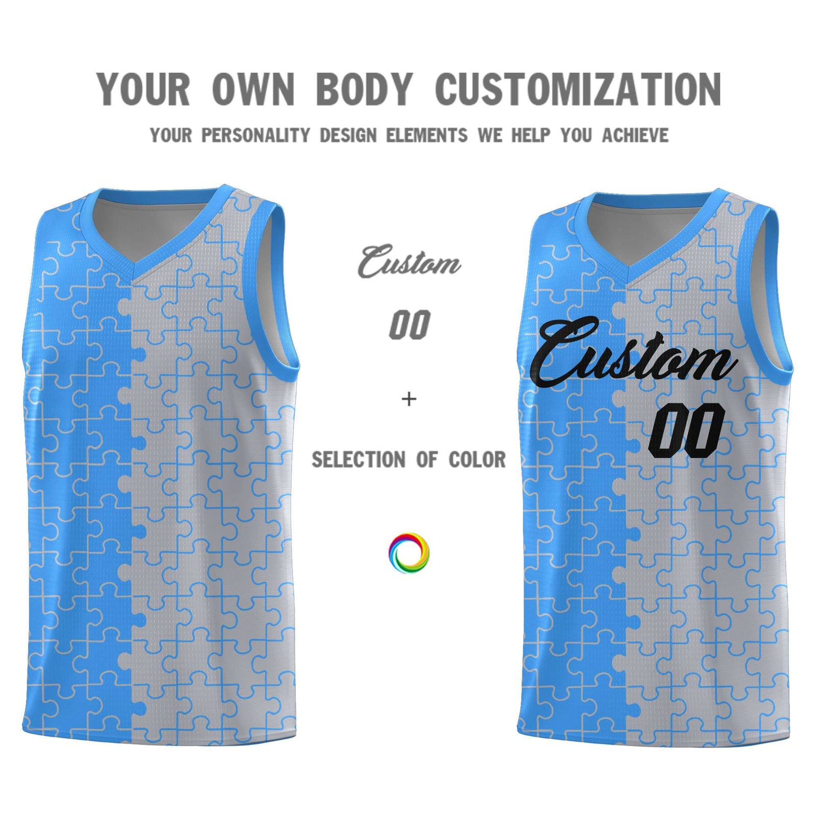 Custom Youth Basketball Jersey Light Blue Gray Puzzle Pattern Add Name, Number & Team Logo