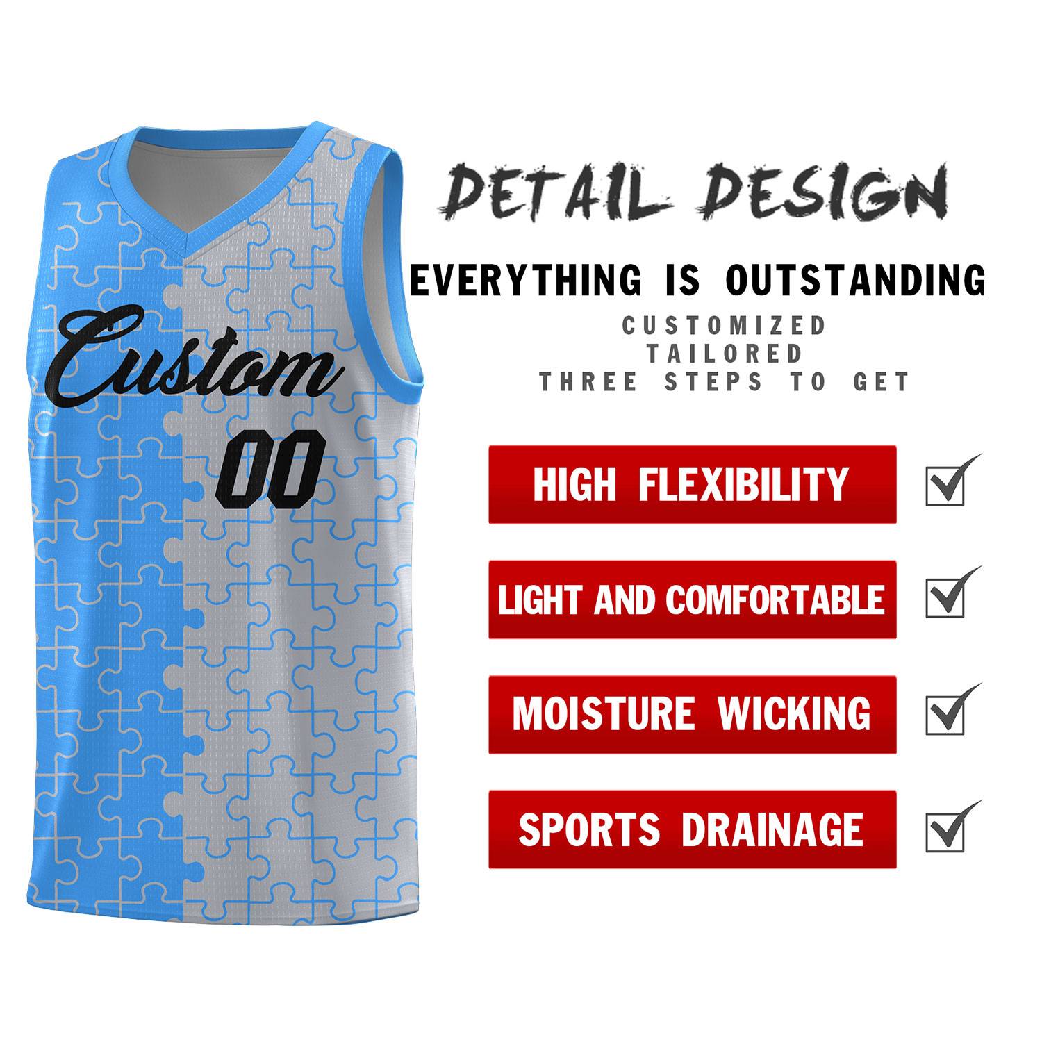 Custom Youth Basketball Jersey Light Blue Gray Puzzle Pattern Add Name, Number & Team Logo