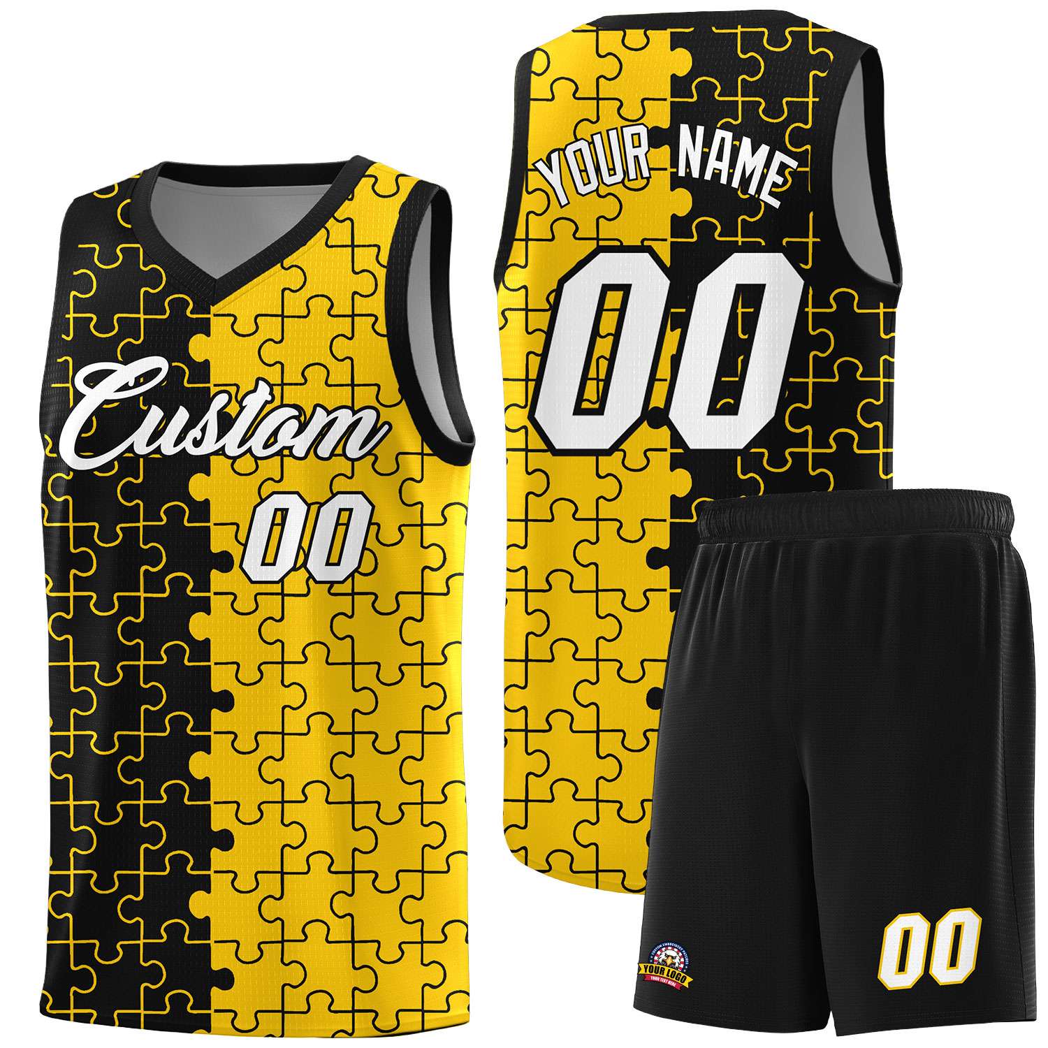 Custom Youth Basketball Jersey Black Gold Puzzle Pattern Breathable Team Uniform