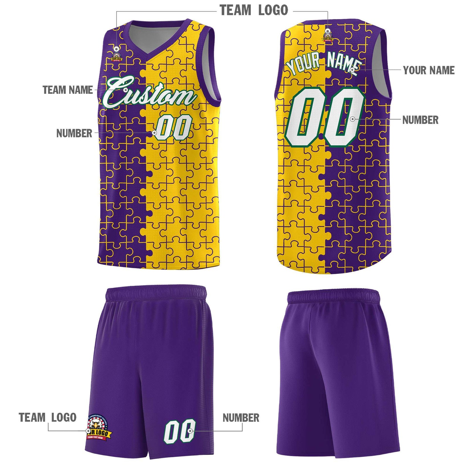 Custom Youth Basketball Jersey Purple Gold Puzzle Pattern Personalized Team Uniform