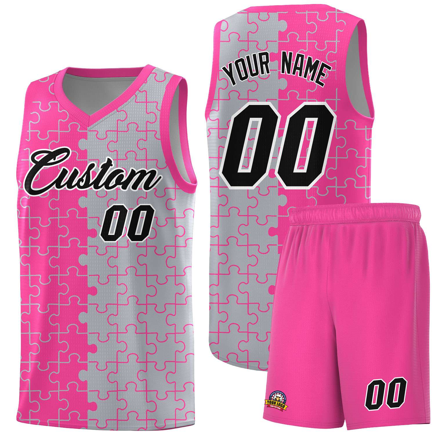 Custom Youth Basketball Jersey Pink Gray Puzzle Pattern Personalized Team Uniform