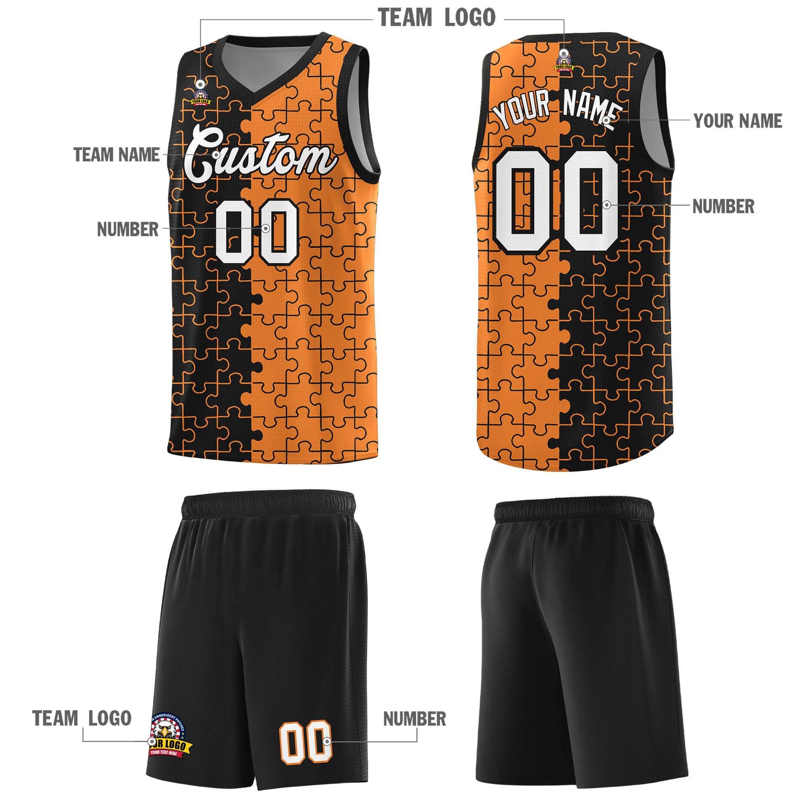 Custom Youth Basketball Jersey Black Gold Orange Puzzle Pattern Add Name, Number & Team Logo