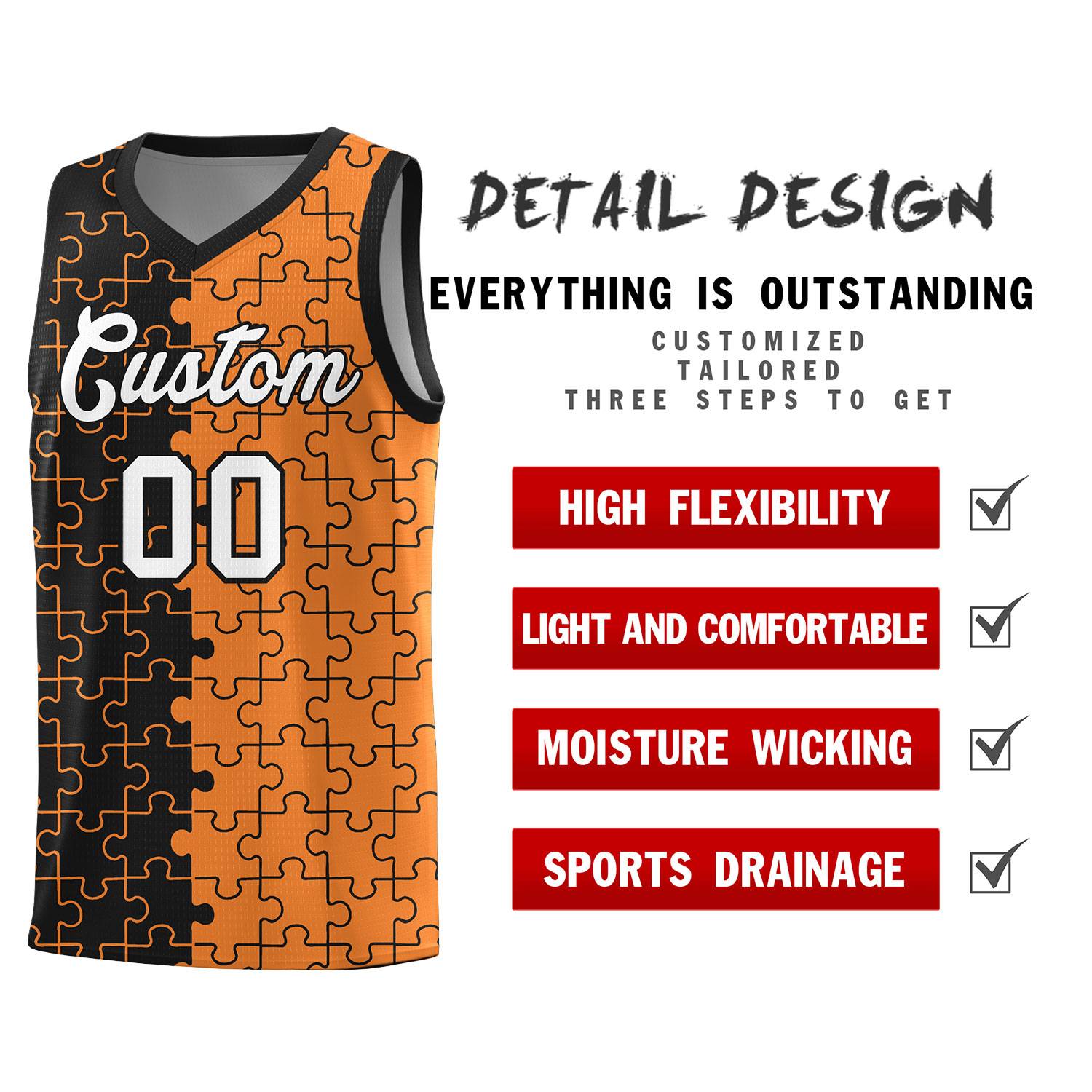 Custom Youth Basketball Jersey Black Gold Orange Puzzle Pattern Add Name, Number & Team Logo