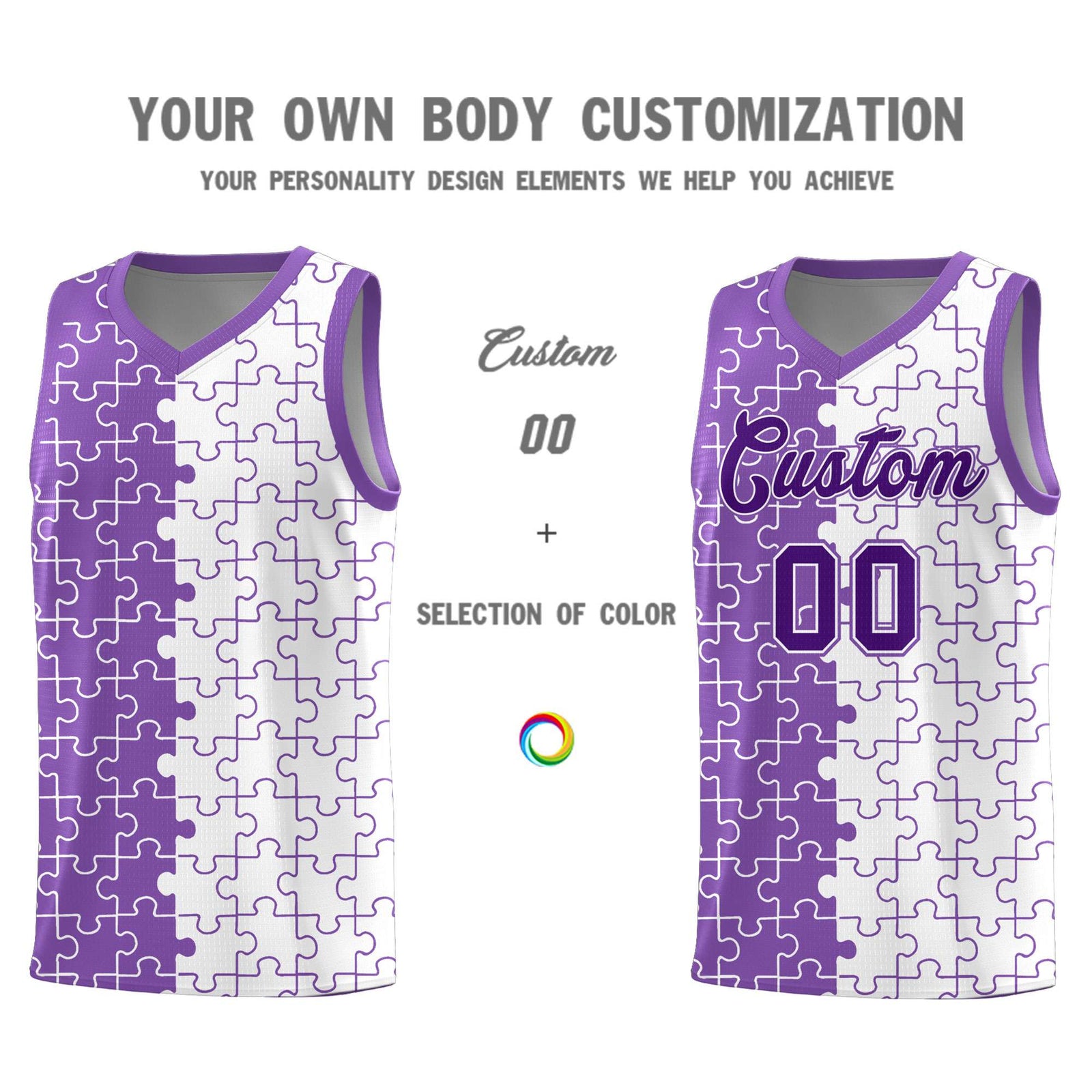 Custom Youth Basketball Jersey Light Purple White Puzzle Pattern Breathable Team Uniform