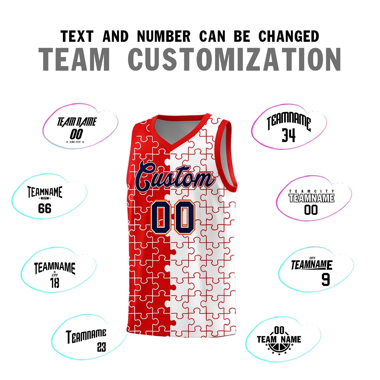 Custom Youth Basketball Jersey Red White Puzzle Pattern Add Name, Number & Team Logo