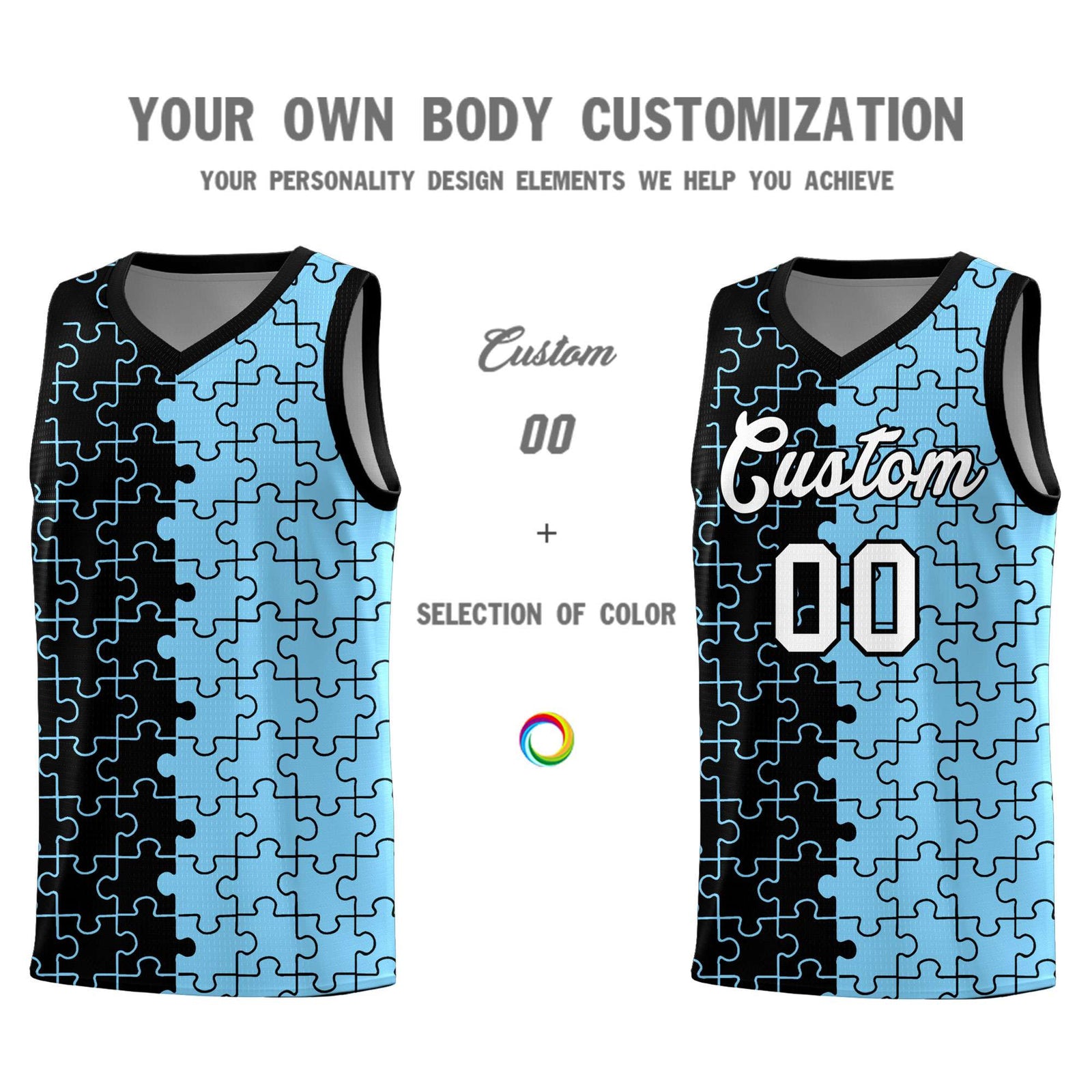 Custom Youth Basketball Jersey Black Light Blue Puzzle Pattern Add Name, Number & Team Logo