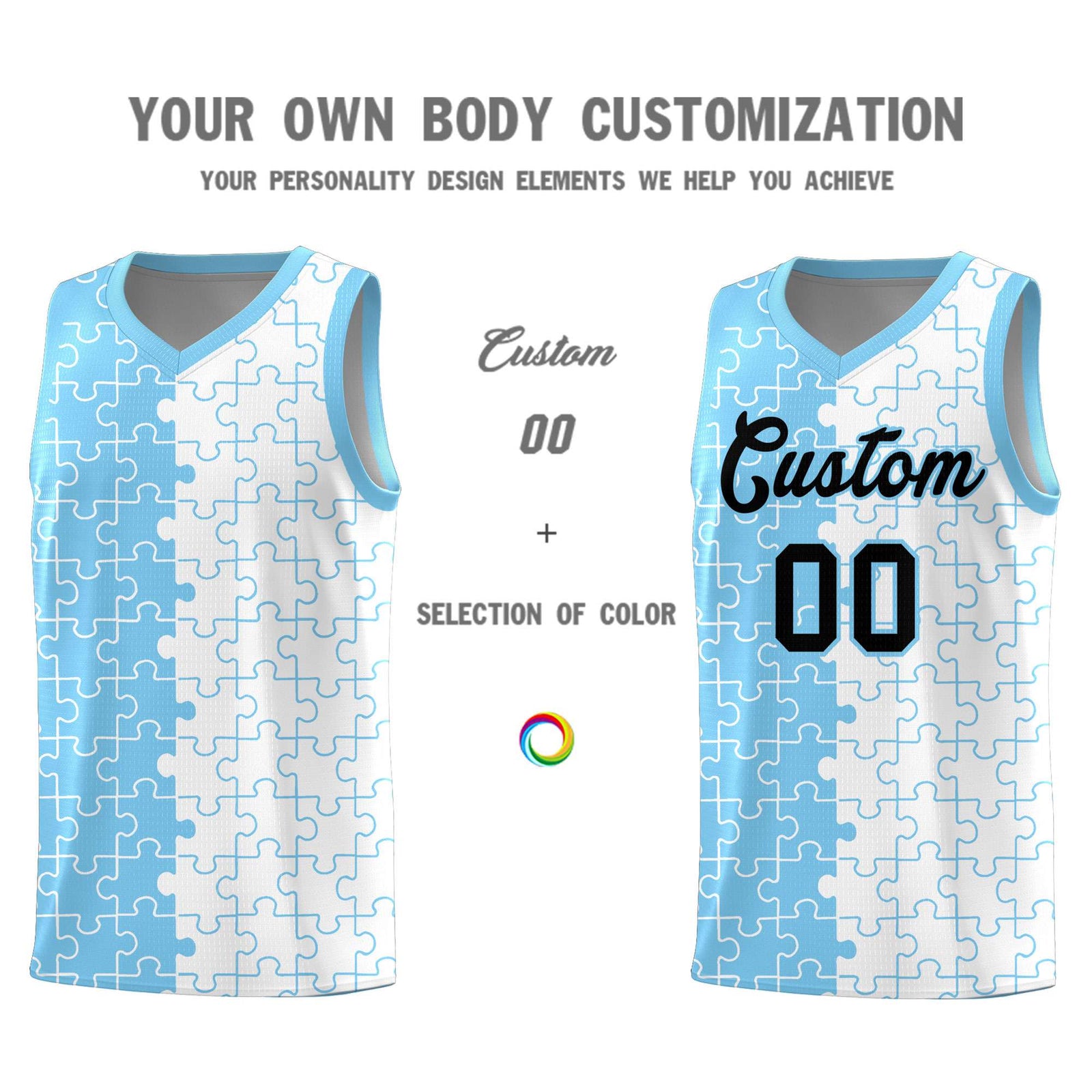 Custom Youth Basketball Jersey Light Blue White Puzzle Pattern Breathable Team Uniform