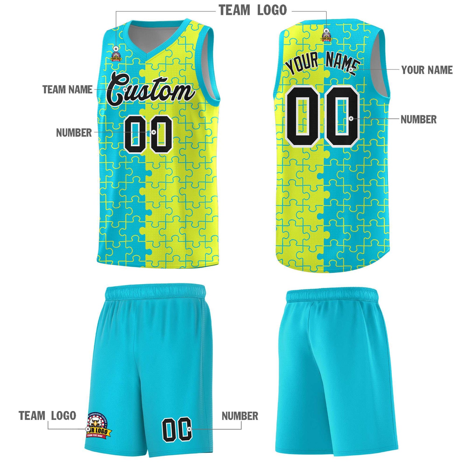 Custom Youth Basketball Jersey Sky Blue Fluorescent Green Puzzle Pattern Personalized Team Uniform