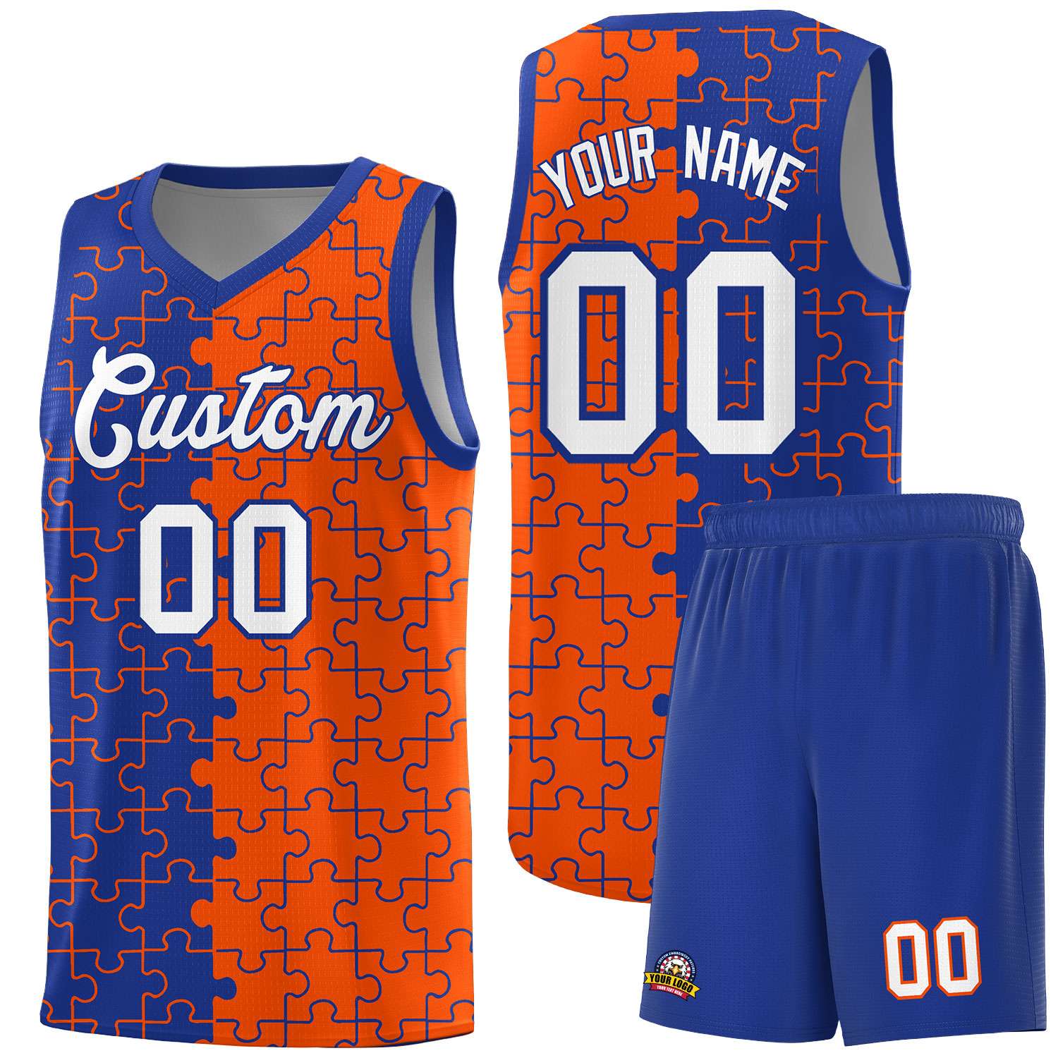 Custom Youth Basketball Jersey Royal Blue Orange Puzzle Pattern Breathable Team Uniform
