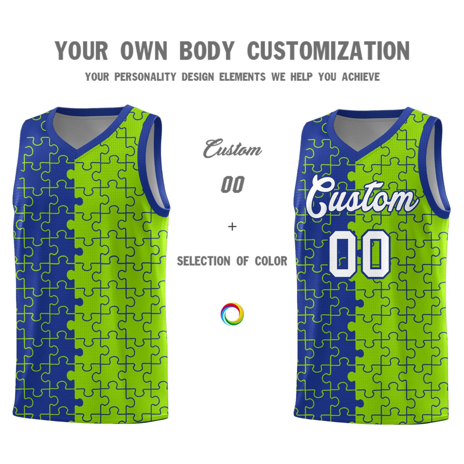 Custom Youth Basketball Jersey Royal Blue Neon Green Puzzle Pattern Moisture-Wicking Team Uniform